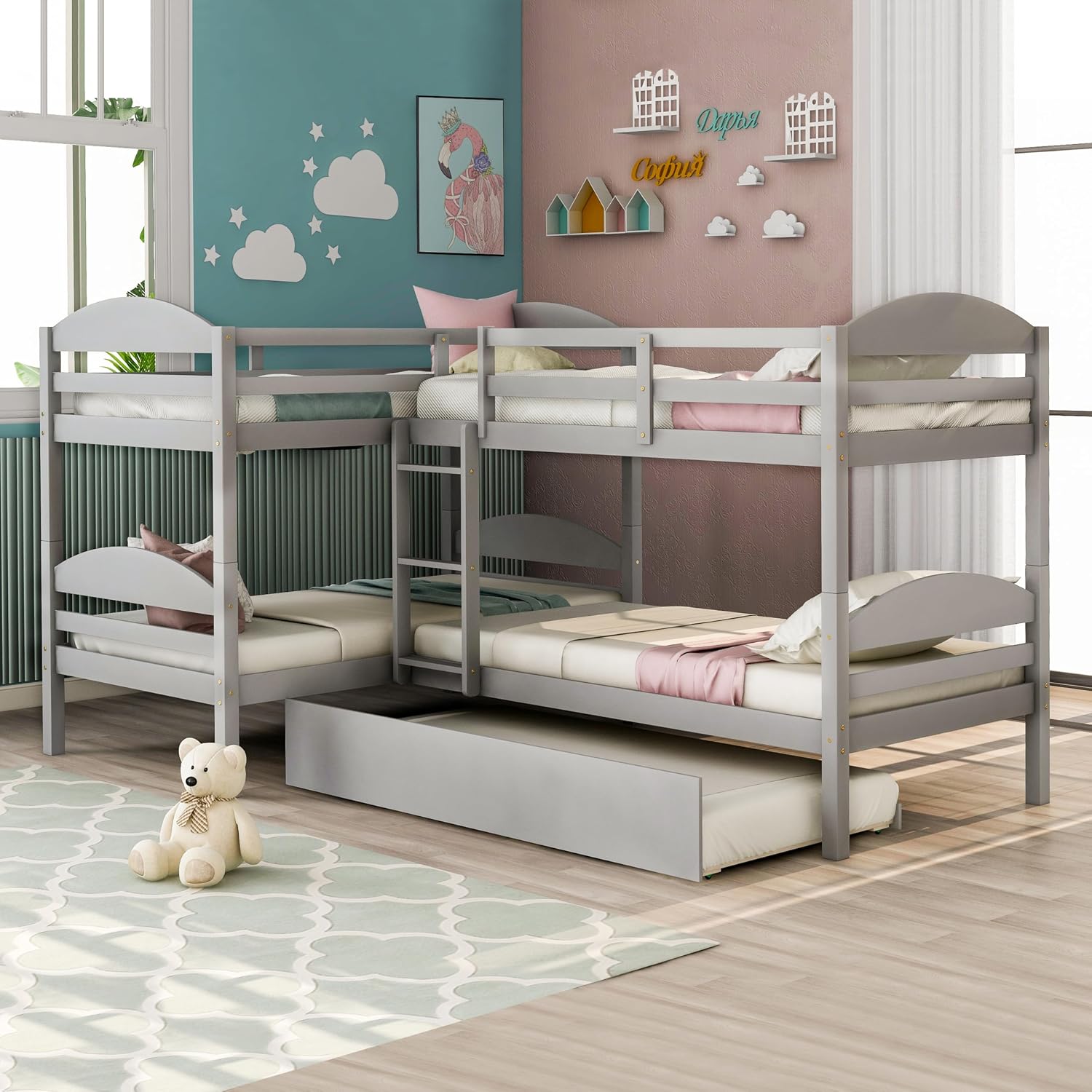 Harper & Bright Designs Twin L-Shaped Bunk Bed with Trundle, Can be Divided into Two L-Shaped Beds, No Spring Box Needed (Grey)
