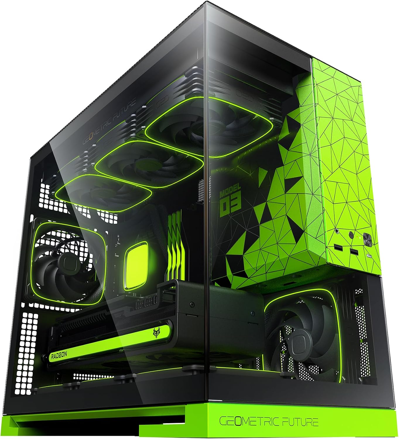 Geometric Future M5 Tempered Glass Mid Tower, E-ATX/ATX Gaming Case, 1.2mm Steel, Type C, Toolless Panels, Support 420/360 Radiator, ARGB PWM 140m Fan x 5 Pre-Installed, Black/Yellow, GEO-M5F-BY