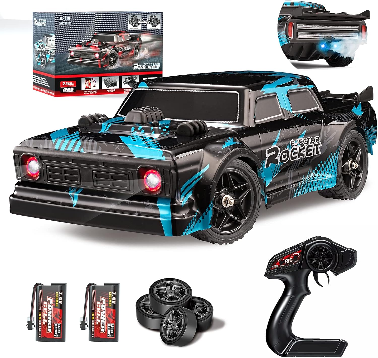1/16 RC Drift Car, 35KM/H 4WD High Speed Remote Control Car with 380 Motor, Two Batteries & LED Light & Spray, 2.4 GHz RC Car for Adults and Kids