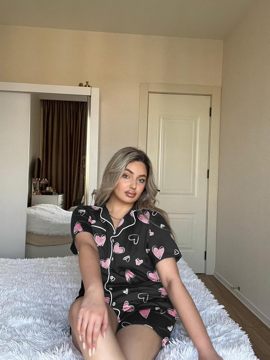 Ekouaer Pajamas Set for Women Short Sleeve Sleepwear Button Down Pj XS-XXXL | Summer 2 Piece Lounge Set, Soft Fabric, Drawstring Waistband, for Bridesmaid Bride Party, Plus Size, Petite, Cute Pattern