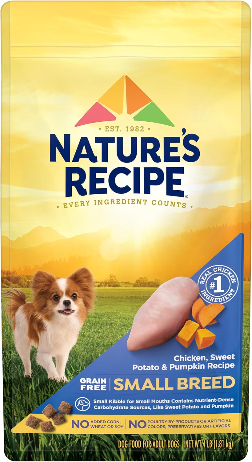 Nature's Recipe Grain Free Small Breed Dry Dog Food, Chicken, Sweet Potato & Pumpkin Recipe, 4 lb. Bag | Chicken, Sweet Potato & Pumpkin Recipe for Small Adult Dogs, Made with No Poultry By-Product Meal or Artificial Preservatives