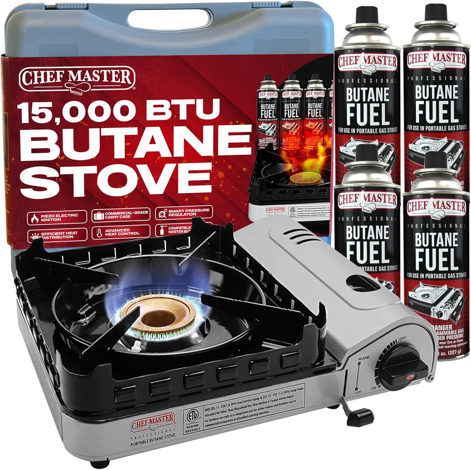 Chef Master 15,000 BTU Butane Portable Camp Stove | Double Wind-Guard Portable Stove Burner w/Piezo Click Ignition for Emergencies, Tailgating, Hiking, Backpacking & Camping Essentials - 90019