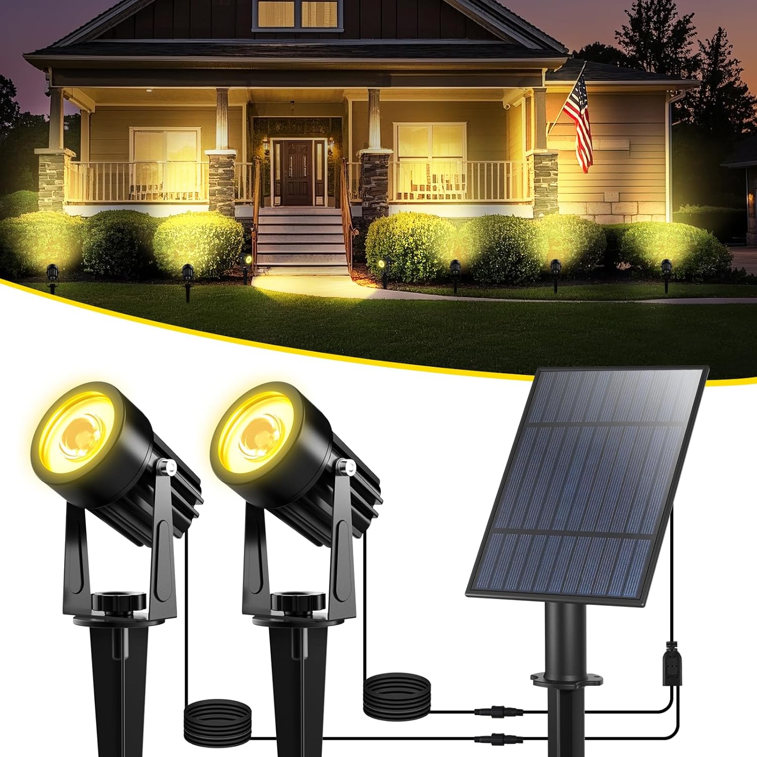 T-SUN Solar Spot Lights Outdoor, Dual Head Solar Spotlights, Cool White | IP65 Waterproof, 2 Brightness Modes, Dusk to Dawn Solar Uplights for Garden, Yard, Pathway, Patio, Lawn