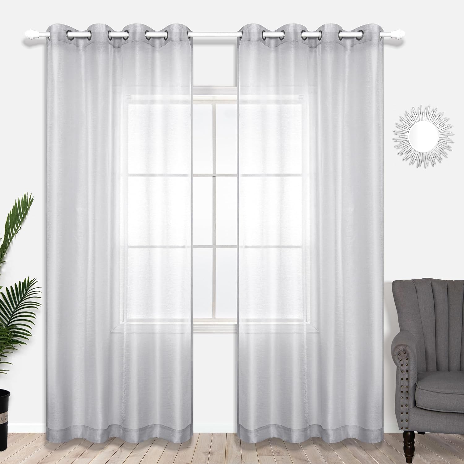 KOUFALL White Sheer Curtains 72 Inches Long for Bedroom Set of 2 Panels Grommet Faux Linen Window Voile Semi Baisc Decorative Sheer Curtains for