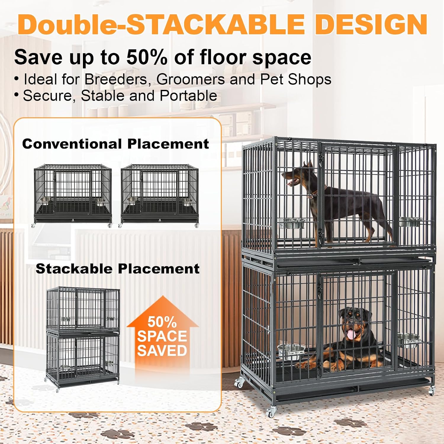 Homey Pet Taller 43" Heavy Duty Double Dog Crates with Divider & Dual Door | Drop Cage for Dogs with Lockable Wheels, Bowls, Removable Tray, Top Access, Ideal for Small to Medium & Large Dogs, Breeders