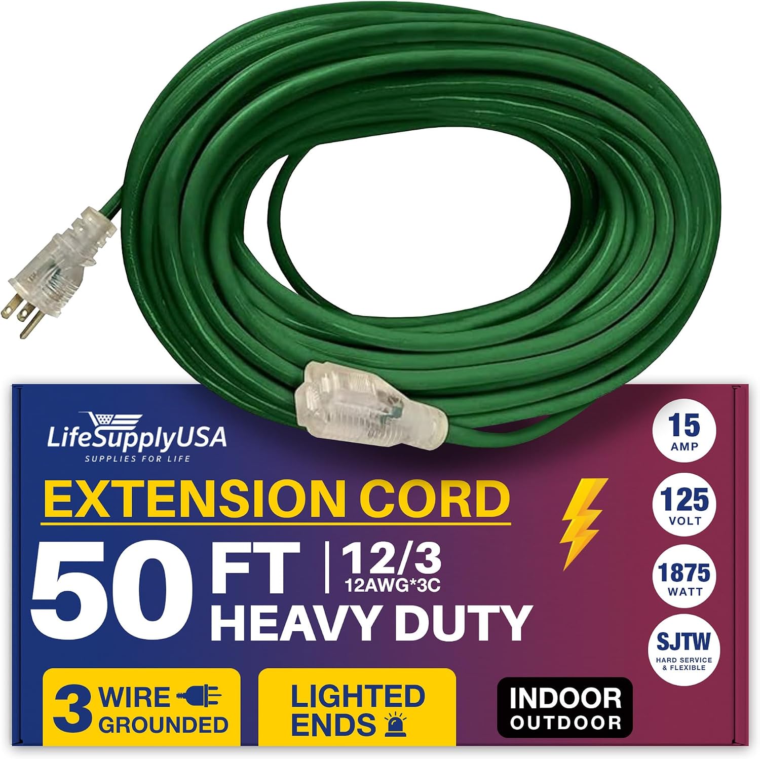 25ft Outdoor/Indoor Extension Cord 12/3 Gauge Extra Heavy Duty 3 Prong SJTW, Waterproof, Flexible Cold-Resistant Long Power Cord,15A 125V 1875W, Yellow by LifeSupplyUSA