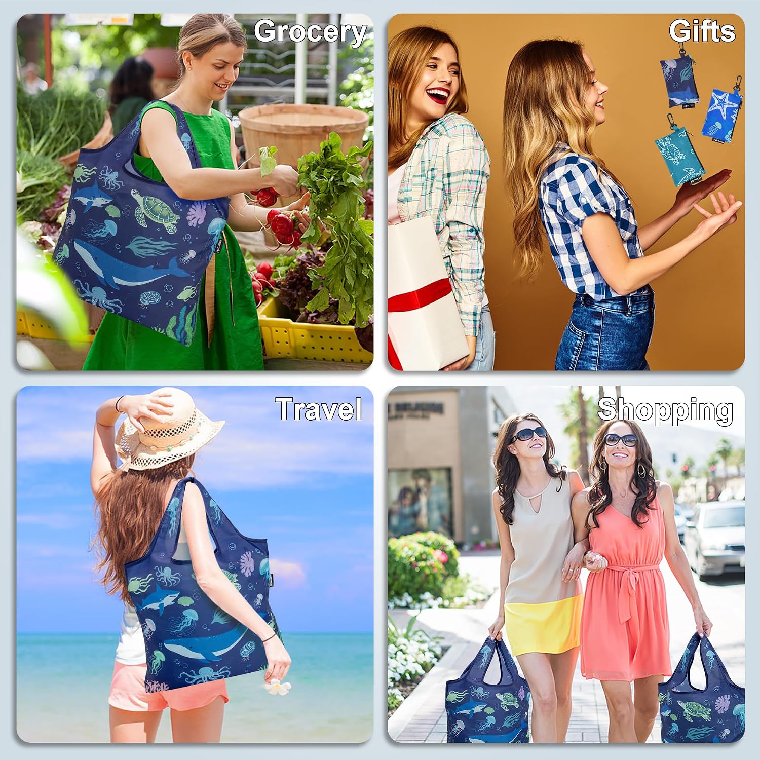 HOLYLUCK Reusable Grocery Bags,Heavy Duty Foldable Shopping Tote Bag (Standard, 3 Blue Geometric Flowers)