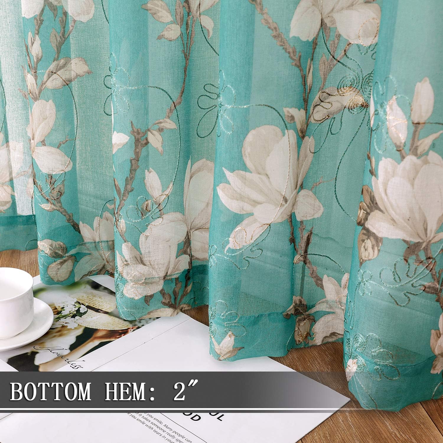 Tollpiz Floral Grey Sheer Curtain Flower Print Vine Embroidery Bedroom Curtains Rod Pocket Voile Window Curtain for Living Room, 54 x 84 inches Long