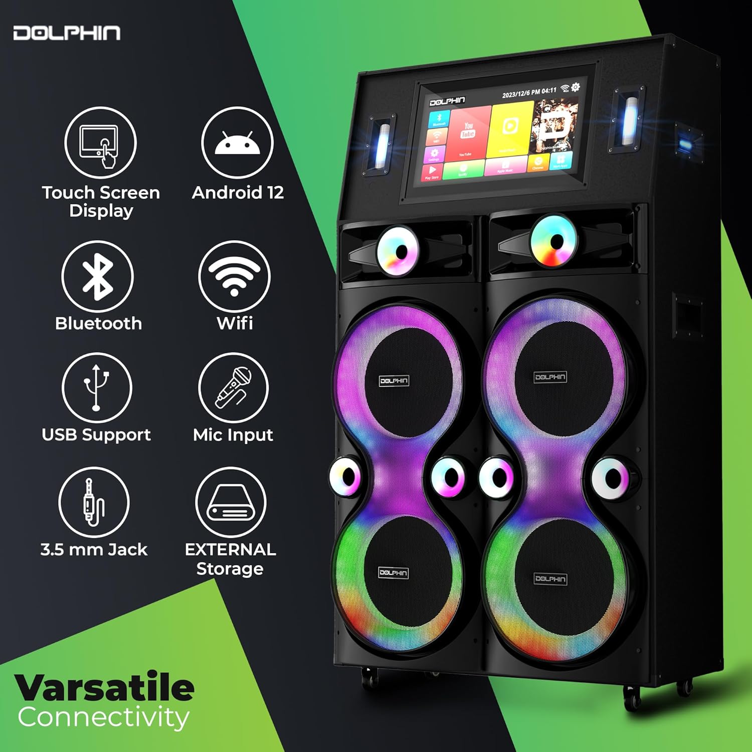 Dolphin Karaoke Machine with 2 Wireless Microphones, Quad 12" Woofers | 18.5" Touchscreen, 300W RMS, Android, Bluetooth, Wi-Fi, HDMI/USB/SD Card/AUX