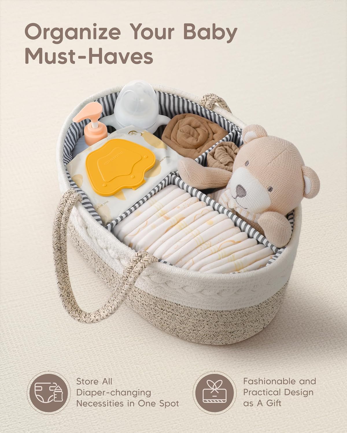 Maliton Diaper Caddy Organizer for Baby, Cotton Rope Baby Gift Basket, Portable Diaper Organizer for changing table, Nursery Storage Organizer