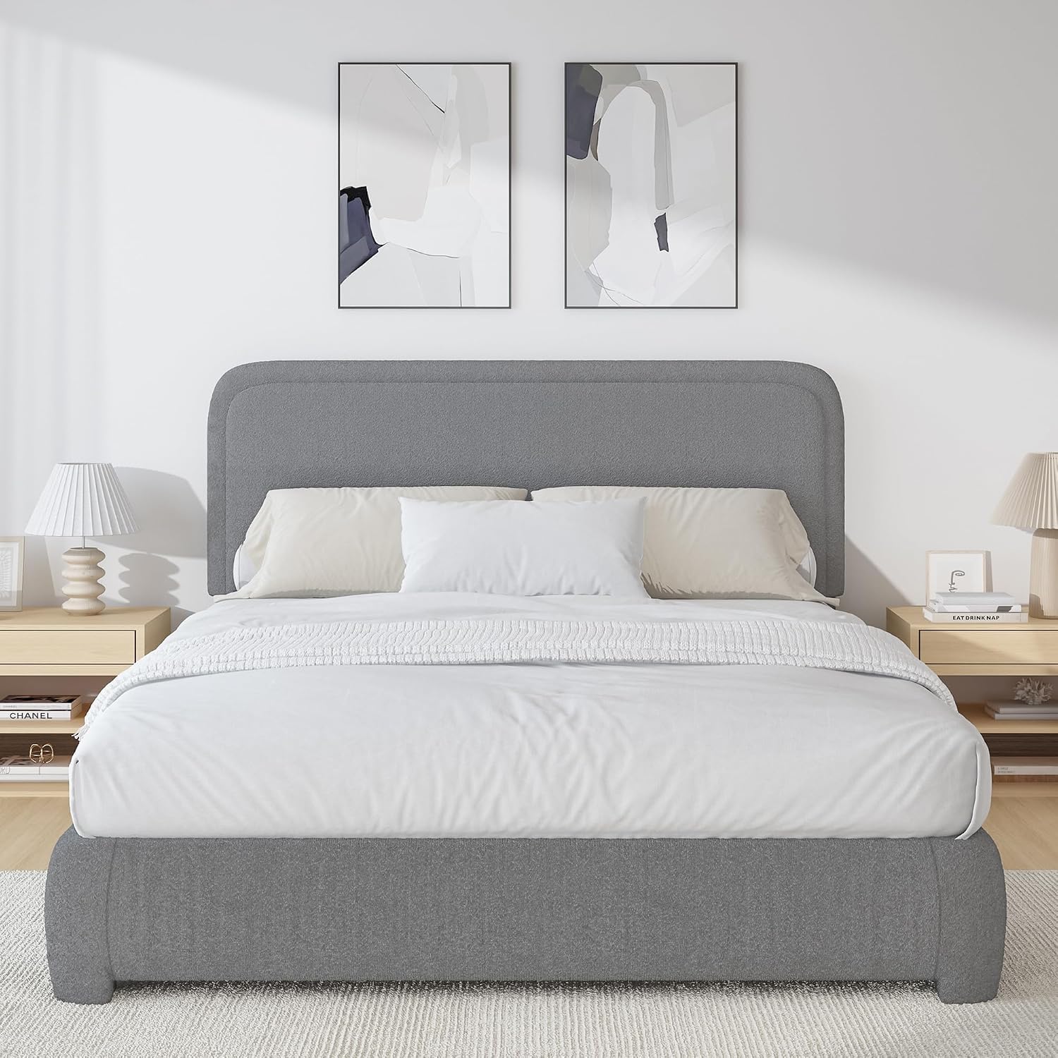 BarnFurin Full Bed Frame, Cloud Boucle Headboard, Rounded Corners, White | Soft boucle and rounded edges create a low-profile cloud look. Wooden slats support the mattress without a box spring