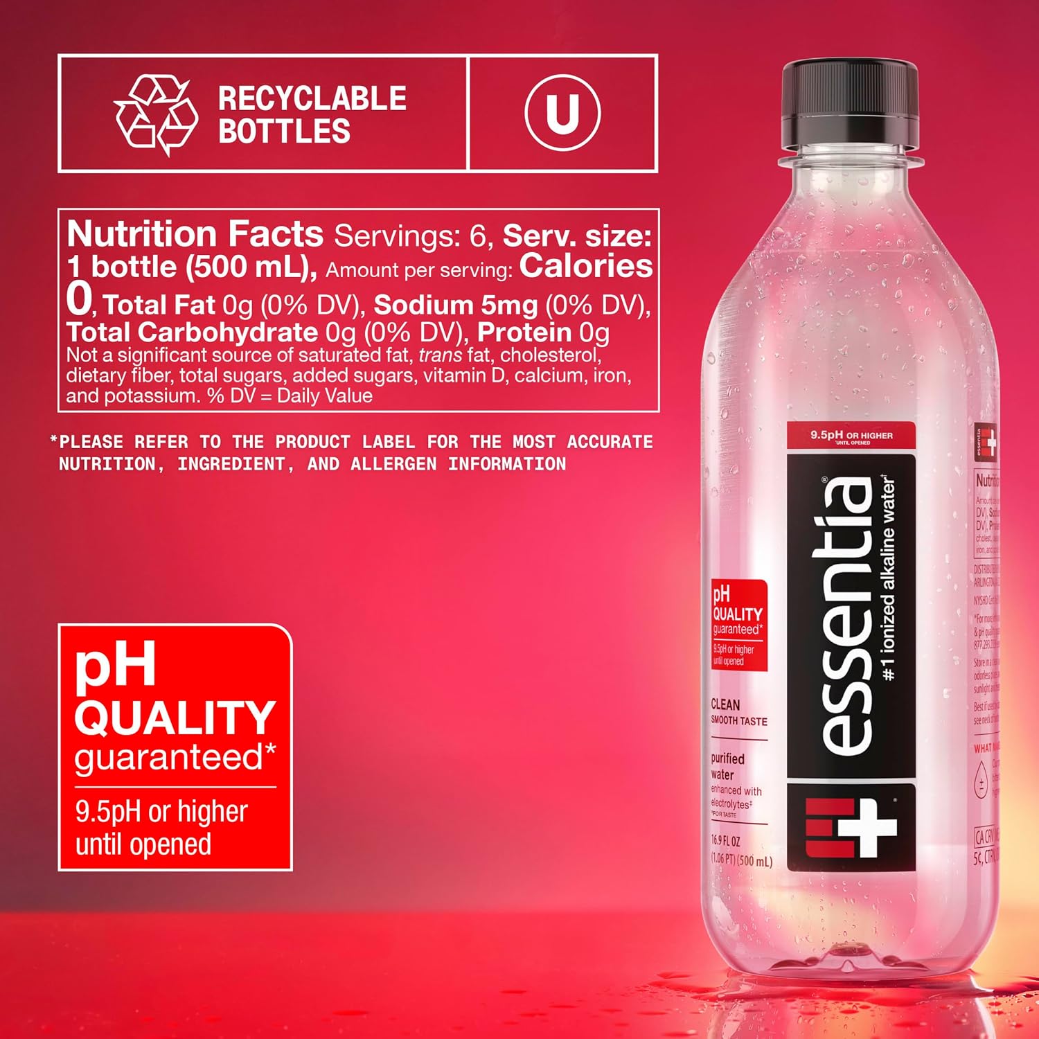 Essentia Water LLC, Ionized Alkaline Bottled Water; 99.9% Pure, Infused with Electrolytes, 9.5 pH or Higher a Clean, Smooth Taste, 20 Fl Oz (Pack of 24)