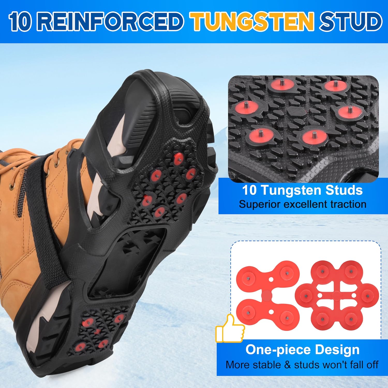 Ice Cleats for Shoes and Boots Tungsten Crampons Non-Slip Shoe Spikes Grippers for Snow and Ice Traction Cleats with Reflective Heel Slip-on Snow