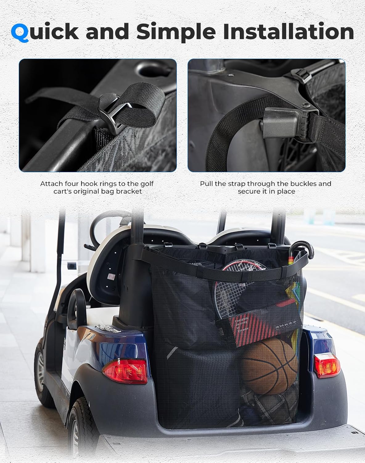 KEMIMOTO Mesh Shopping Storage Bag for 2-Passenger Golf Carts | Full Grocery Capacity, Shoulder Strap, Tool-Free Rear Mounting