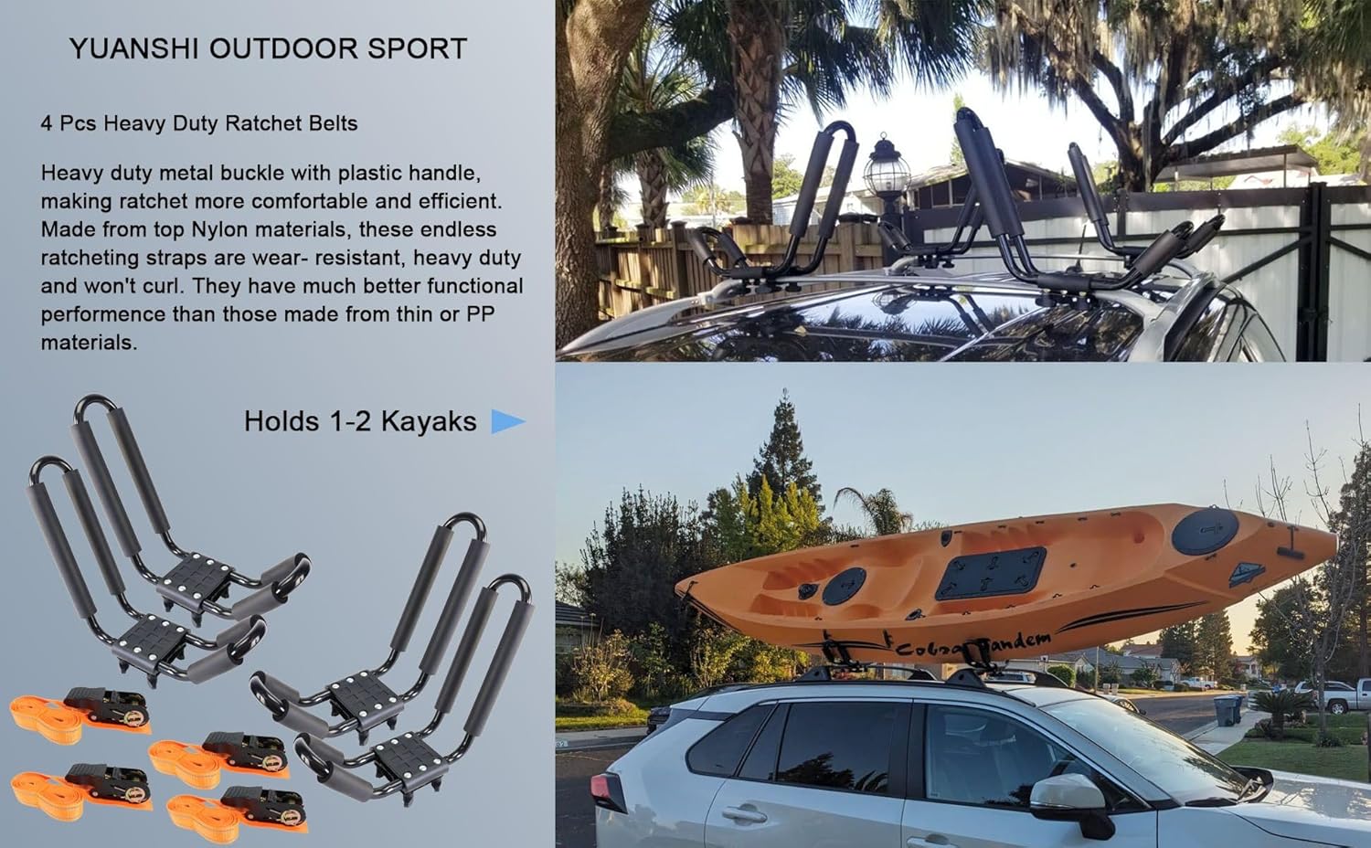 2 Pairs Heavy Duty Kayak Roof Rack J-Bar Carrier Holder - Includes 4 Pcs Ratchet for Canoe, SUV, Cars, Truck, Surf Ski