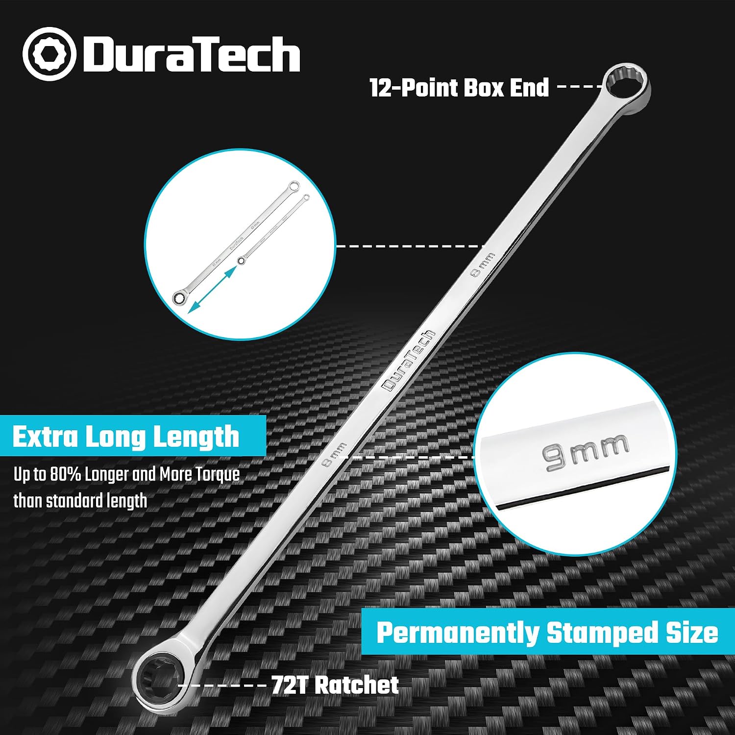 DURATECH Extra Long Ratcheting Wrench Set, Double Box End, Metric, 9-Piece