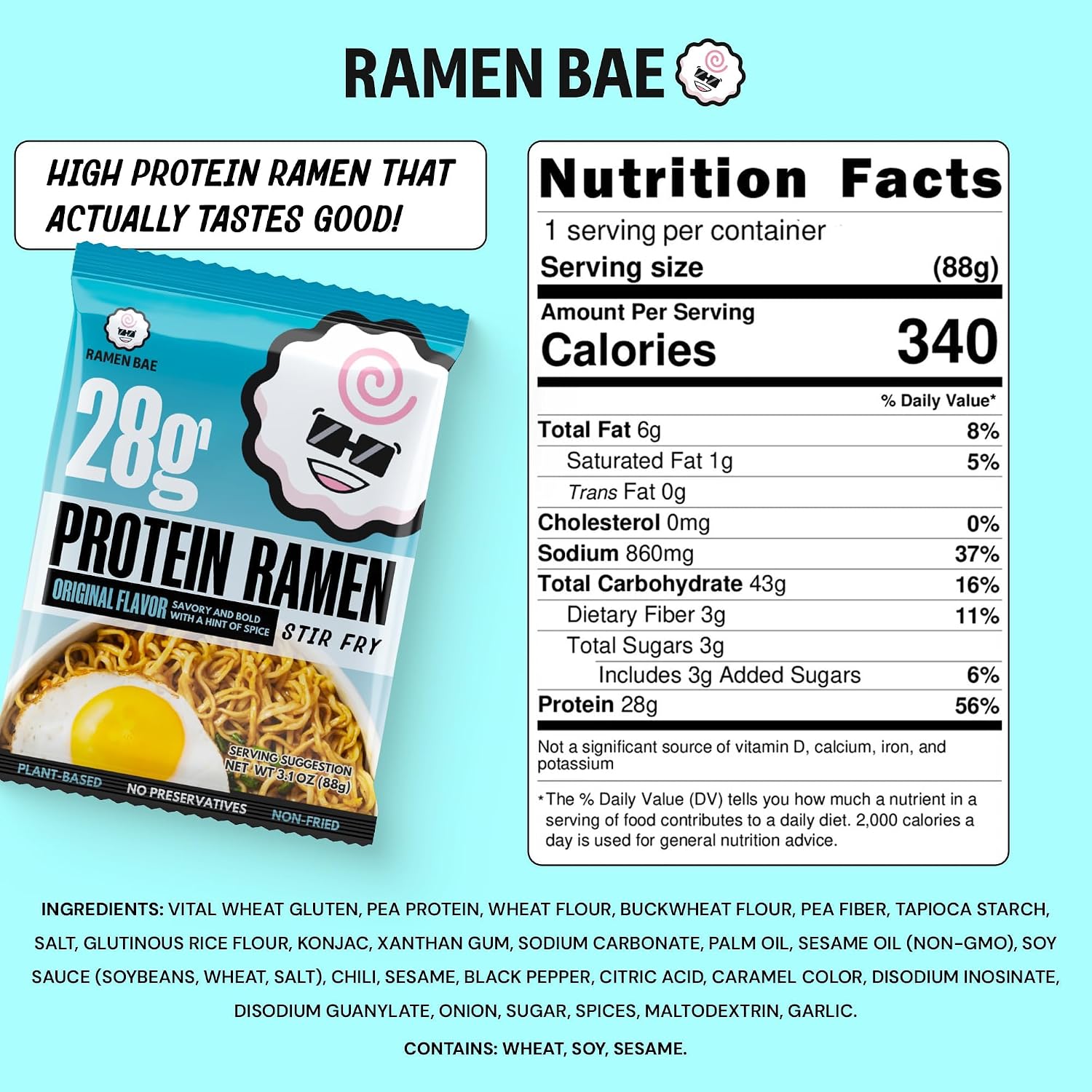 Ramen Bae Original Stir Fry Protein Noodles - 28g Protein, Garlic Soy | Air Dried Not Fried, Plant Based, Vegan Protein Noodles - Lower Carb & Fat - Savory & Bold with Hint of Spice (Pack of 6)