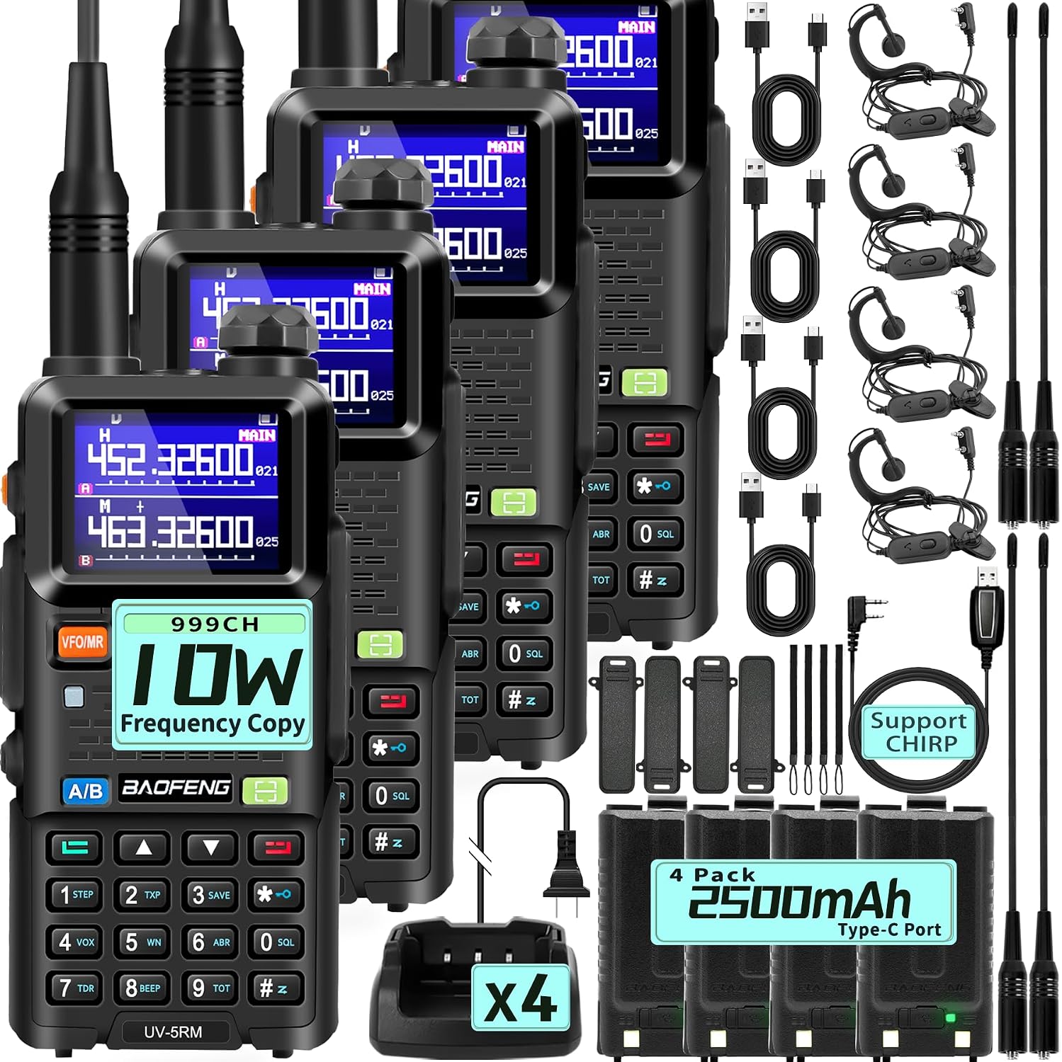 BAOFENG Radio UV-5RM Ham Radio Handheld 10W Walkie Talkie Long-Range 4Pack | Two Way Radio, 2500mAh Battery, Type-C Charging, Programming Cable