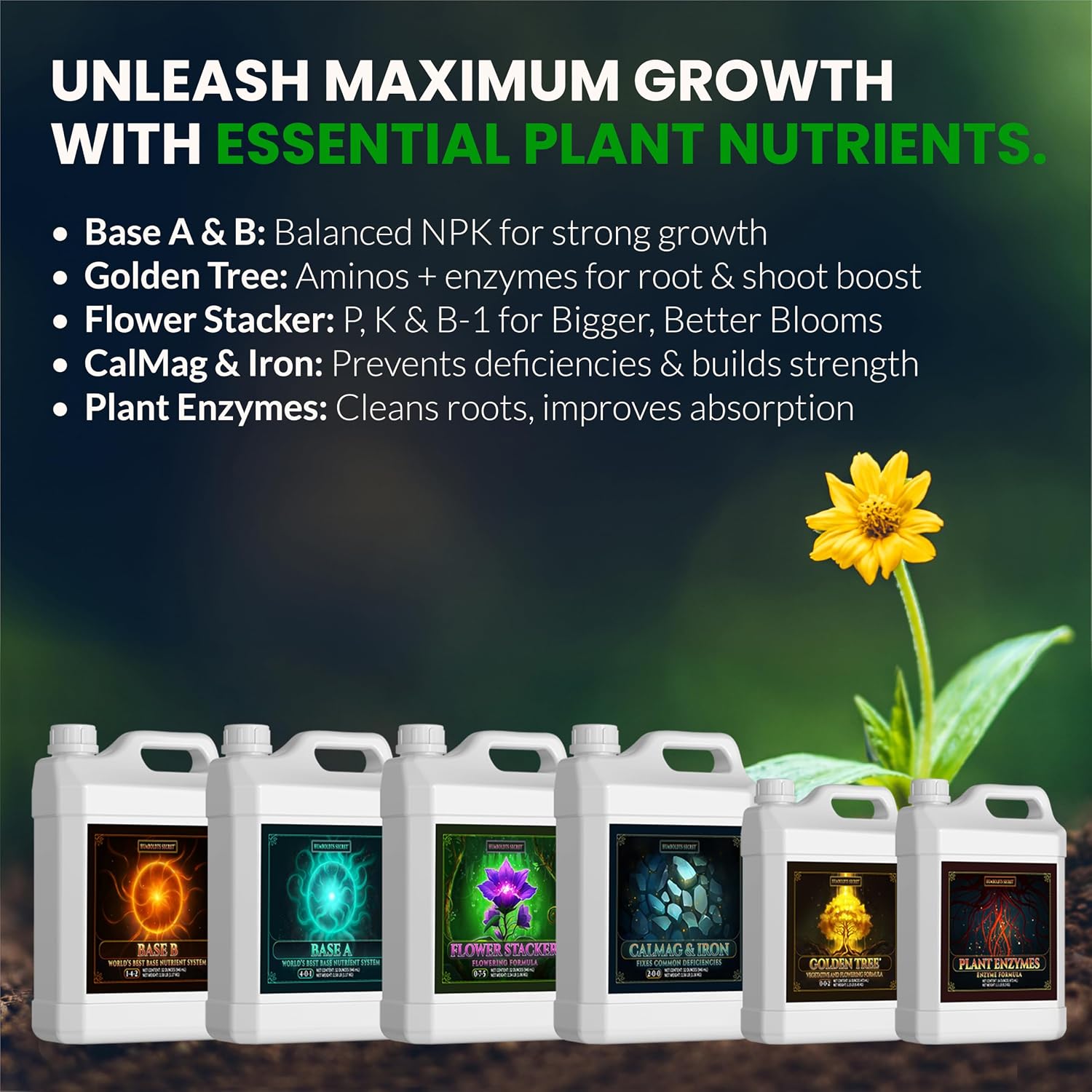 Humboldts Secret Starter Kit Pack | Indoor and Outdoor Plant Fertilizer and Hydroponic Nutrients | Base A & B, CalMag and Iron, Golden Tree, Flower Stacker, Plant Enzymes | Complete Garden System