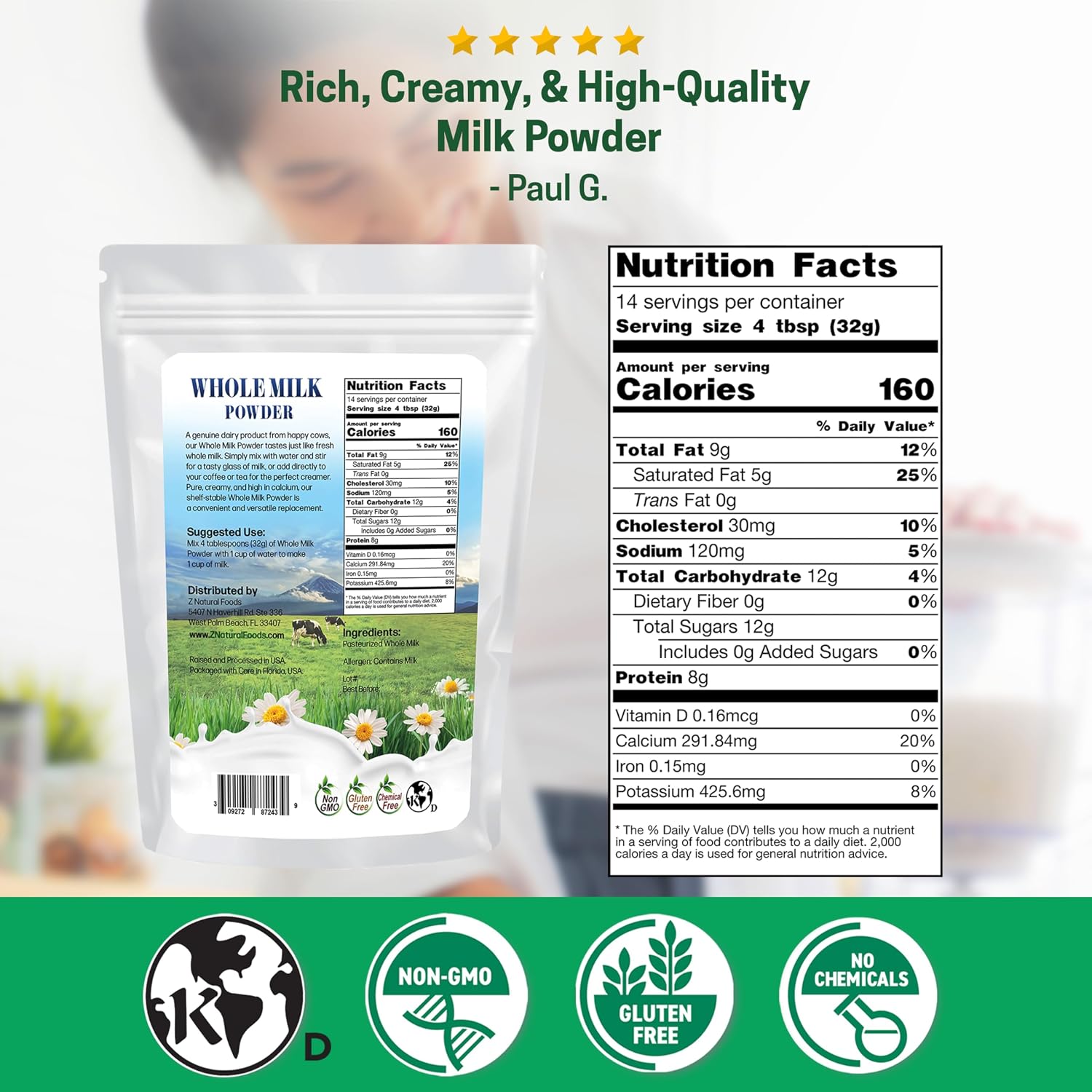 Z Natural Foods Premium Whole Milk Powder - Pasteurized Dry Milk, 5 lb
