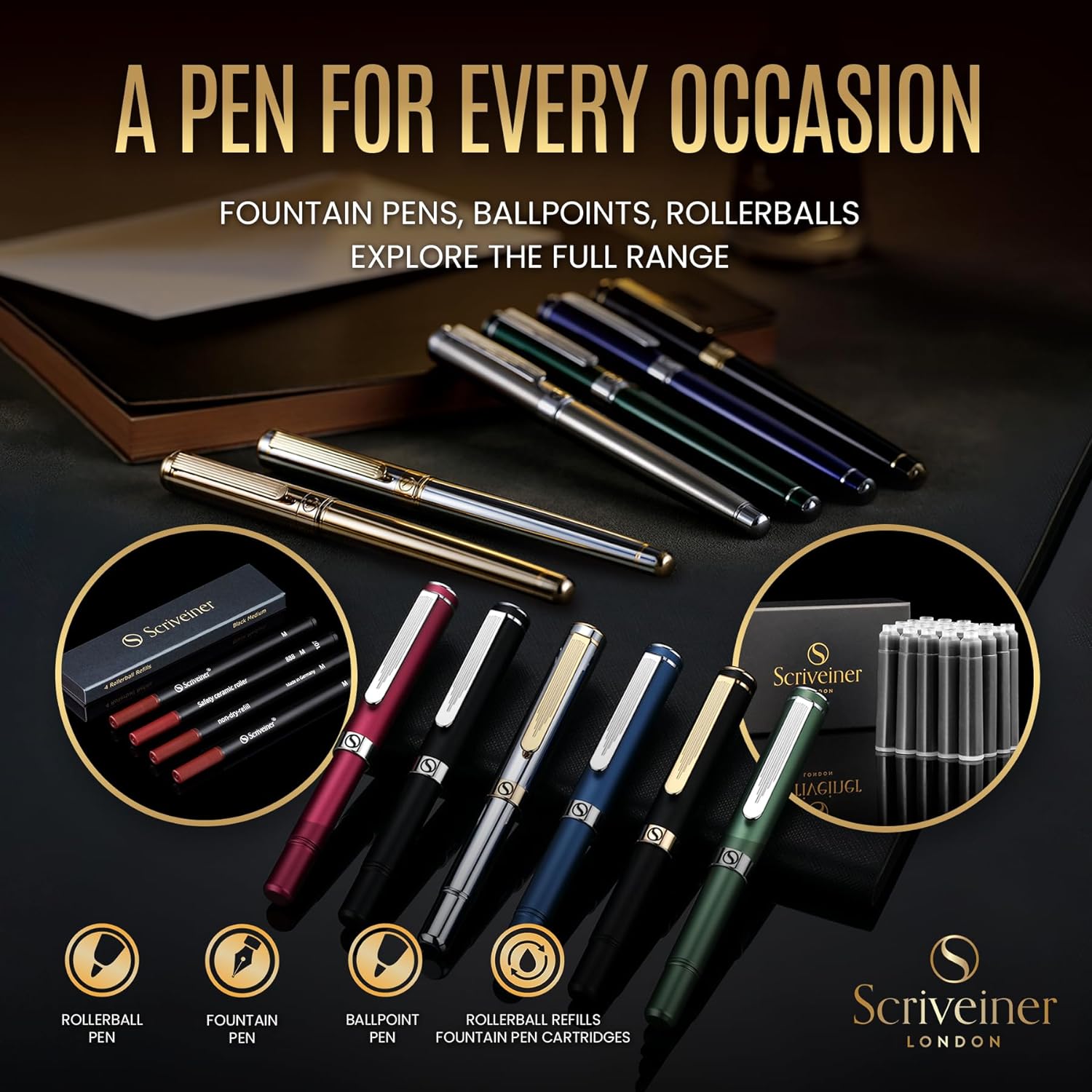 Scriveiner Silver Chrome Fountain Pen - Stunning Luxury Pen, Real Gold Finish Schmidt Gilded Nib (Medium), Best Pen Gift Set for Men & Women