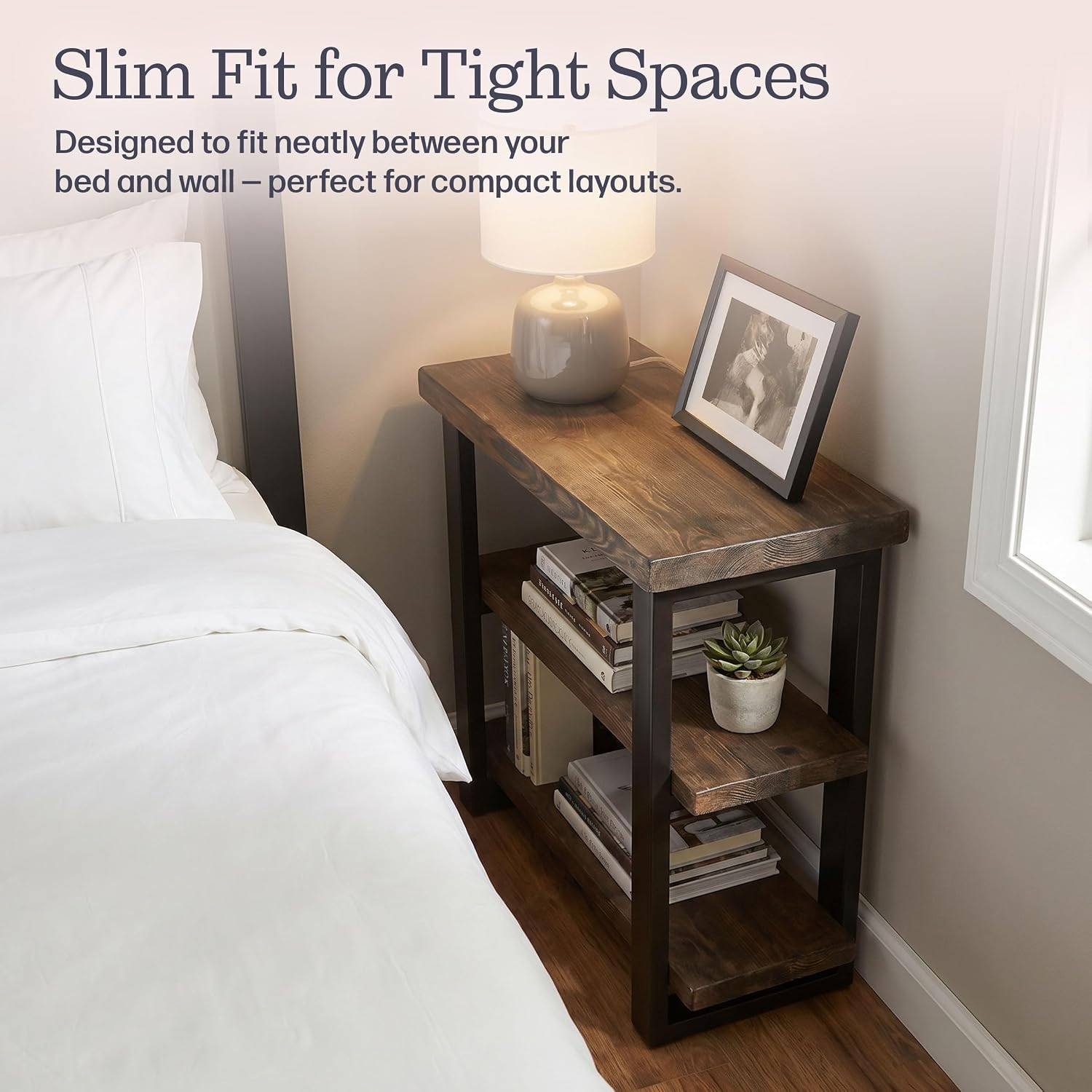 Alaterre Furniture Pomona Solid Wood 2-Tier End Table, Rustic Brown, 27” | Nightstand with Storage Shelf and Metal Legs, Industrial Farmhouse Chair Side Table for Living Room or Bedroom