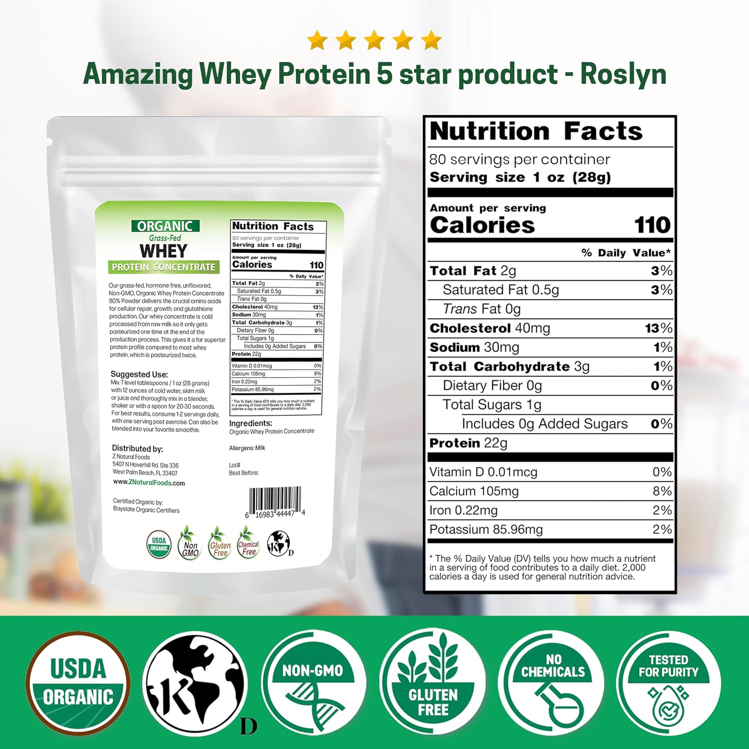 Z Natural Foods Organic Whey Protein Concentrate - Grass-Fed, 5 lb