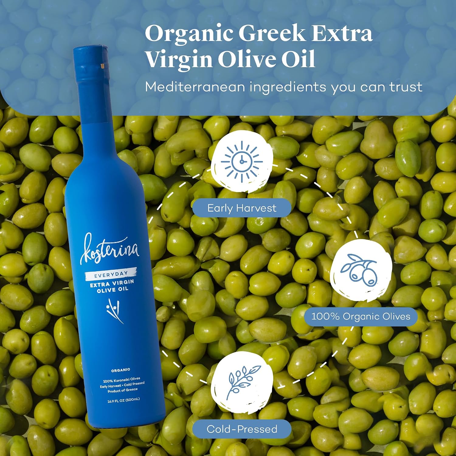 Kosterina Original Extra Virgin Olive Oil, Cold-Pressed EVOO (16.9oz)
