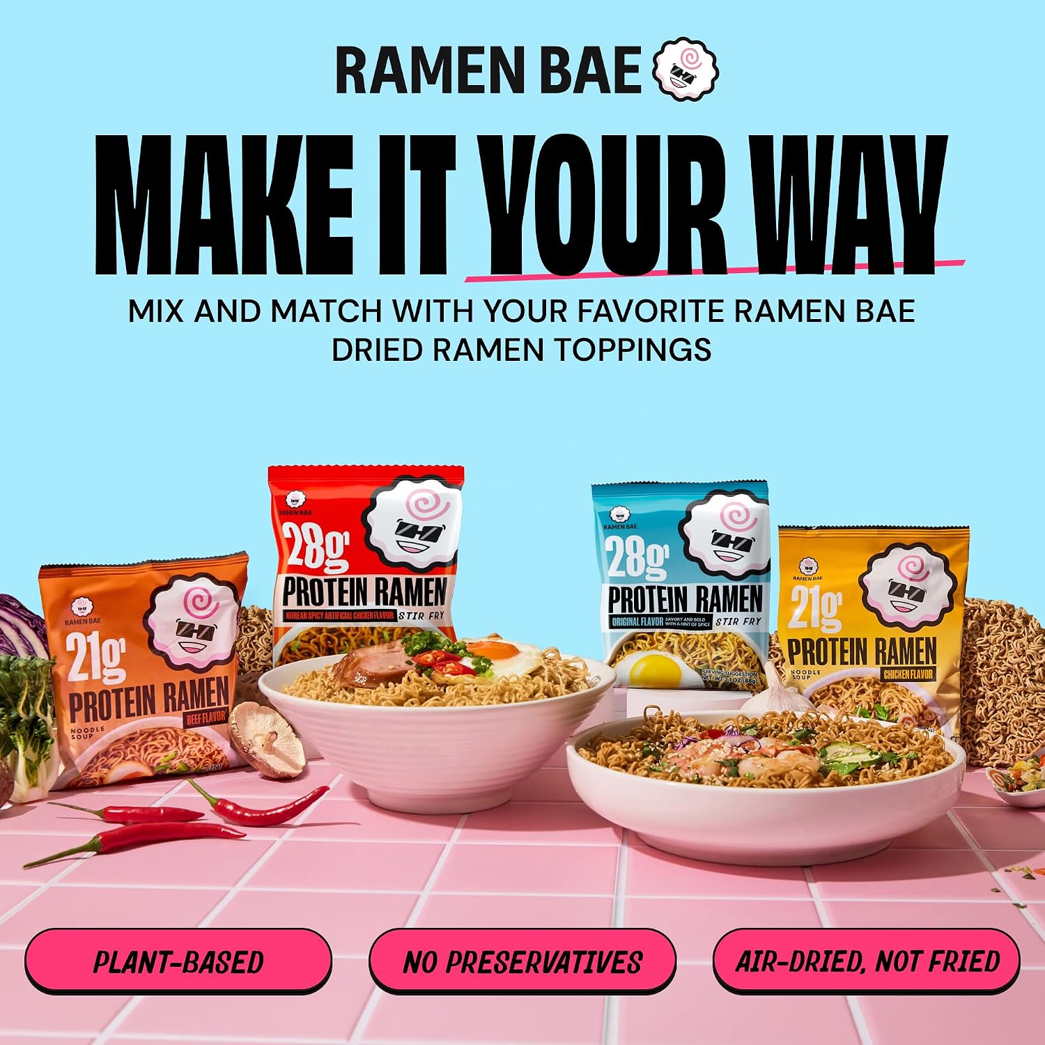 Ramen Bae Original Stir Fry Protein Noodles - 28g Protein, Garlic Soy | Air Dried Not Fried, Plant Based, Vegan Protein Noodles - Lower Carb & Fat - Savory & Bold with Hint of Spice (Pack of 6)