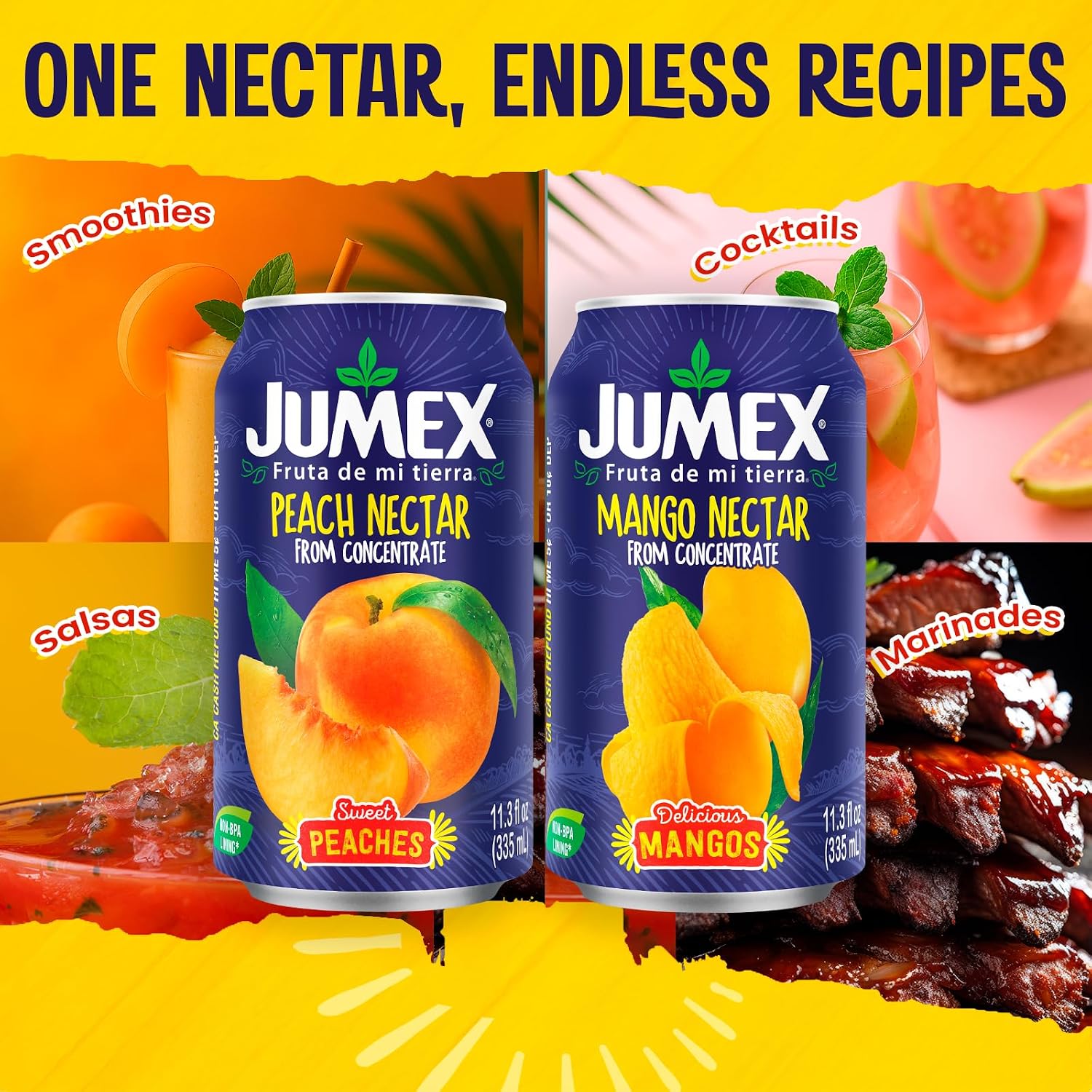 Jumex Mango Nectar Juice & Peach Nectar - Made with Fresh Fruit Puree - Tropical Fruit Juice Concentrate for Smoothie Mix, Cocktail Mixers & Kids Beverages - 11.3oz, 12 Pack Canned Drinks