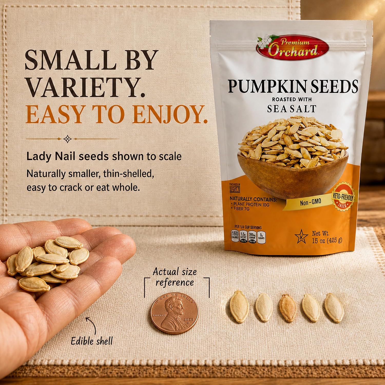 ROASTED PUMPKIN SEEDS to Eat in Shell by Premium Orchards MIXED NUTS - Salted with Sea Salt - Non-GMO Vegan Fresh Healthy Snacks/ - Great source of Plant Protein, Zinc, Magnesium & Iron - 1 Bag