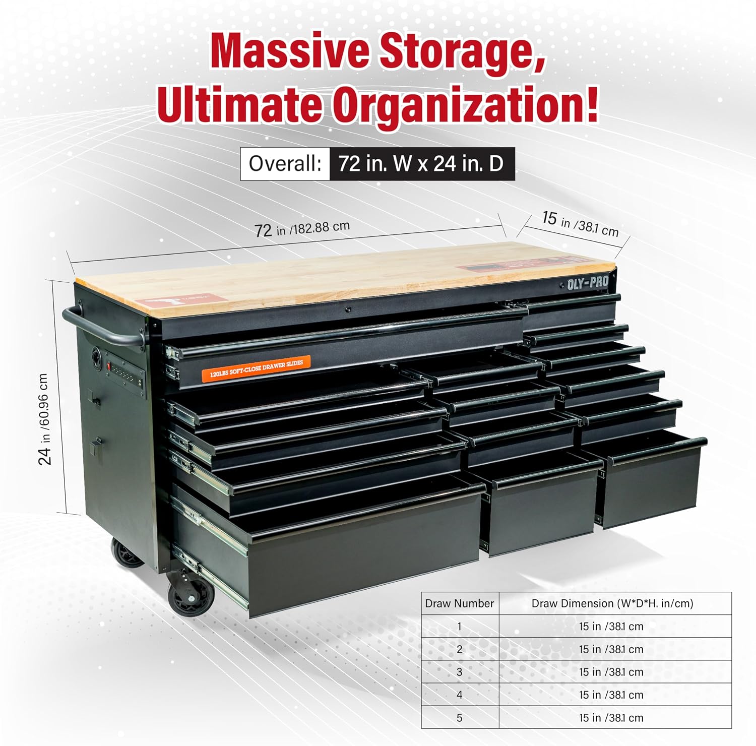 Olympia Tools 72 inch Heavy Duty Mobile Tool Chest Tool Box, with Solid Wood Top Workbench, 15-Drawer Rolling Tool Chest, Tool Storage Organizer for Garage, Workshop, and Home, Black
