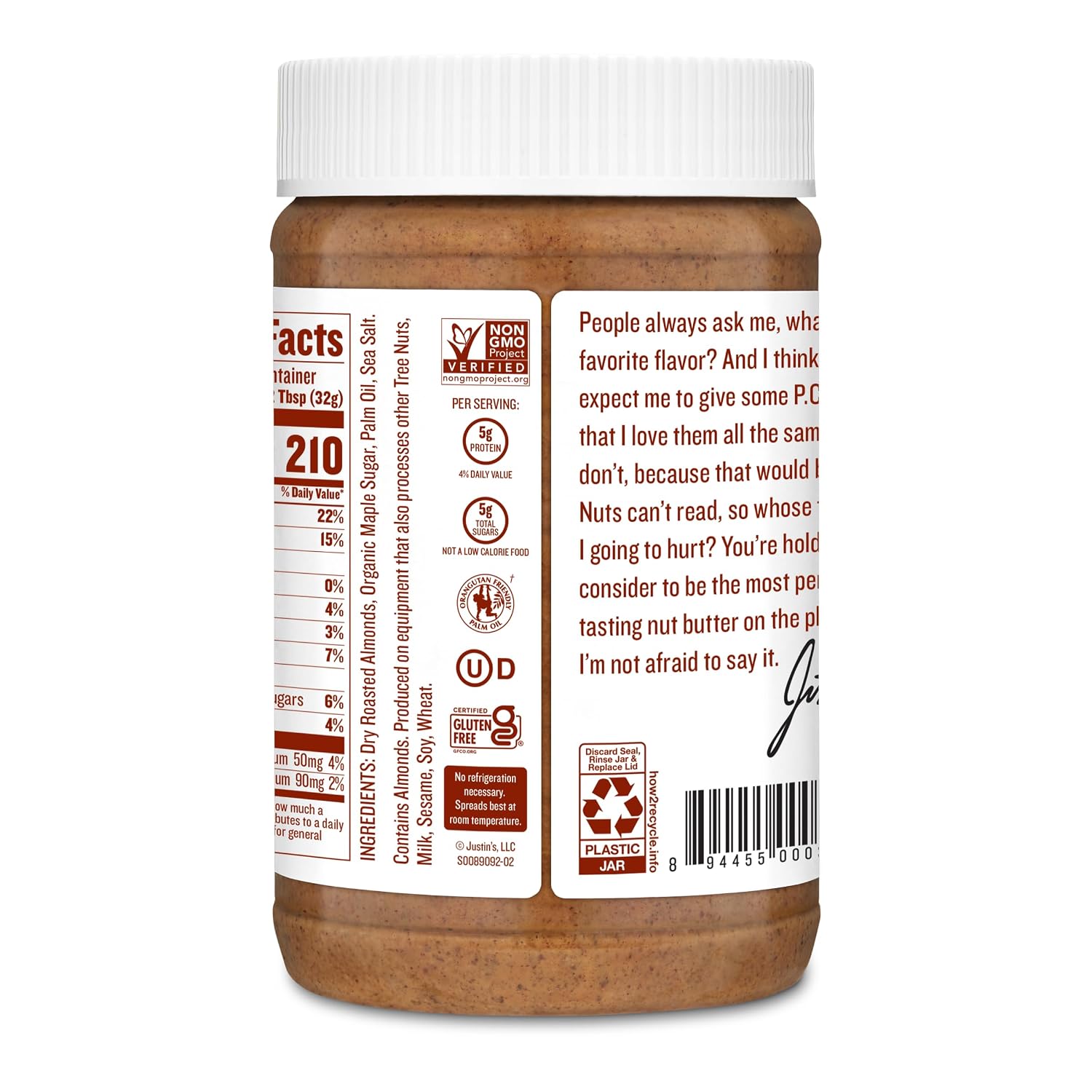 Justin's Classic Almond Butter, Only Two Ingredients, No Stir, Gluten-free, Non-GMO, Keto-friendly, Responsibly Sourced, 16 Ounce Jar, Pack of 1