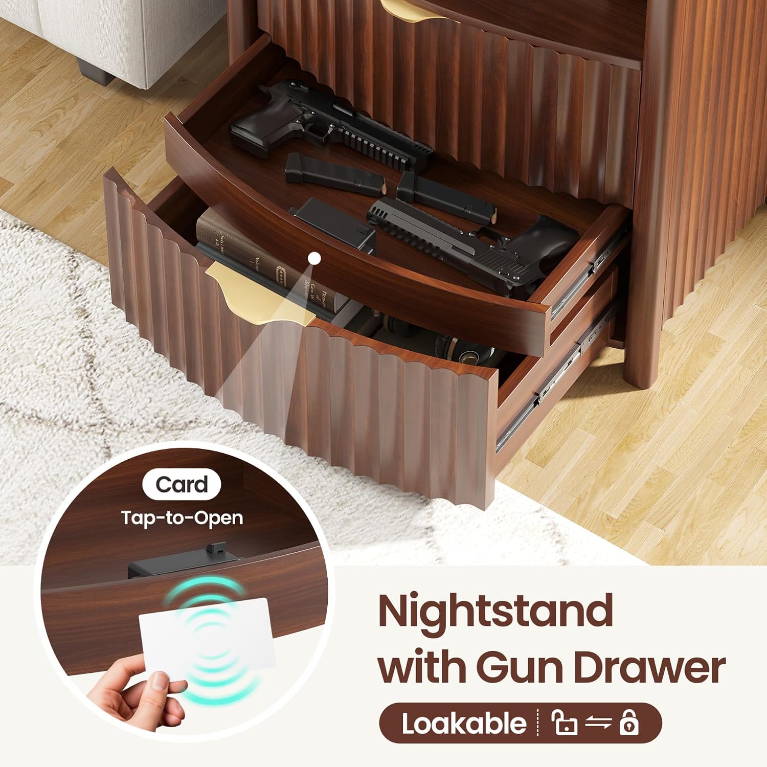 Dystler Fluted LED Night Stand with Hidden Gun Drawer & Charging | 19.7" W Curved Smart Bedside Table, 3-Color LED lights, 2 Drawers, Nightstand with Card-Lock, End Table for Bedroom, Walnut