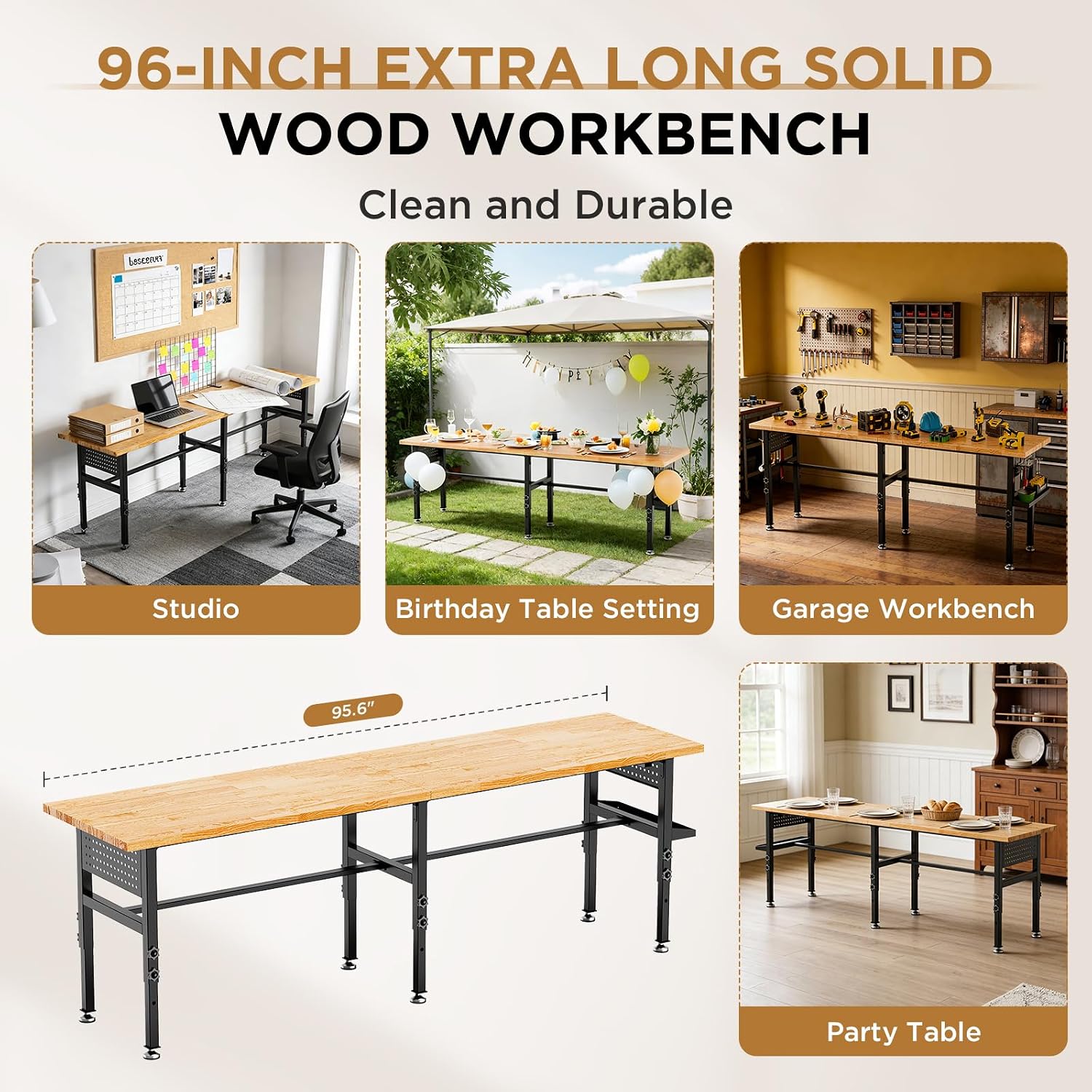 60 Inch Heavy Duty Workbench with Storage Cabinet, Wooden Top, 2000 lbs Capacity, Garage Work Table with Pegboard, Power Outlet, Leveling Feet, Black