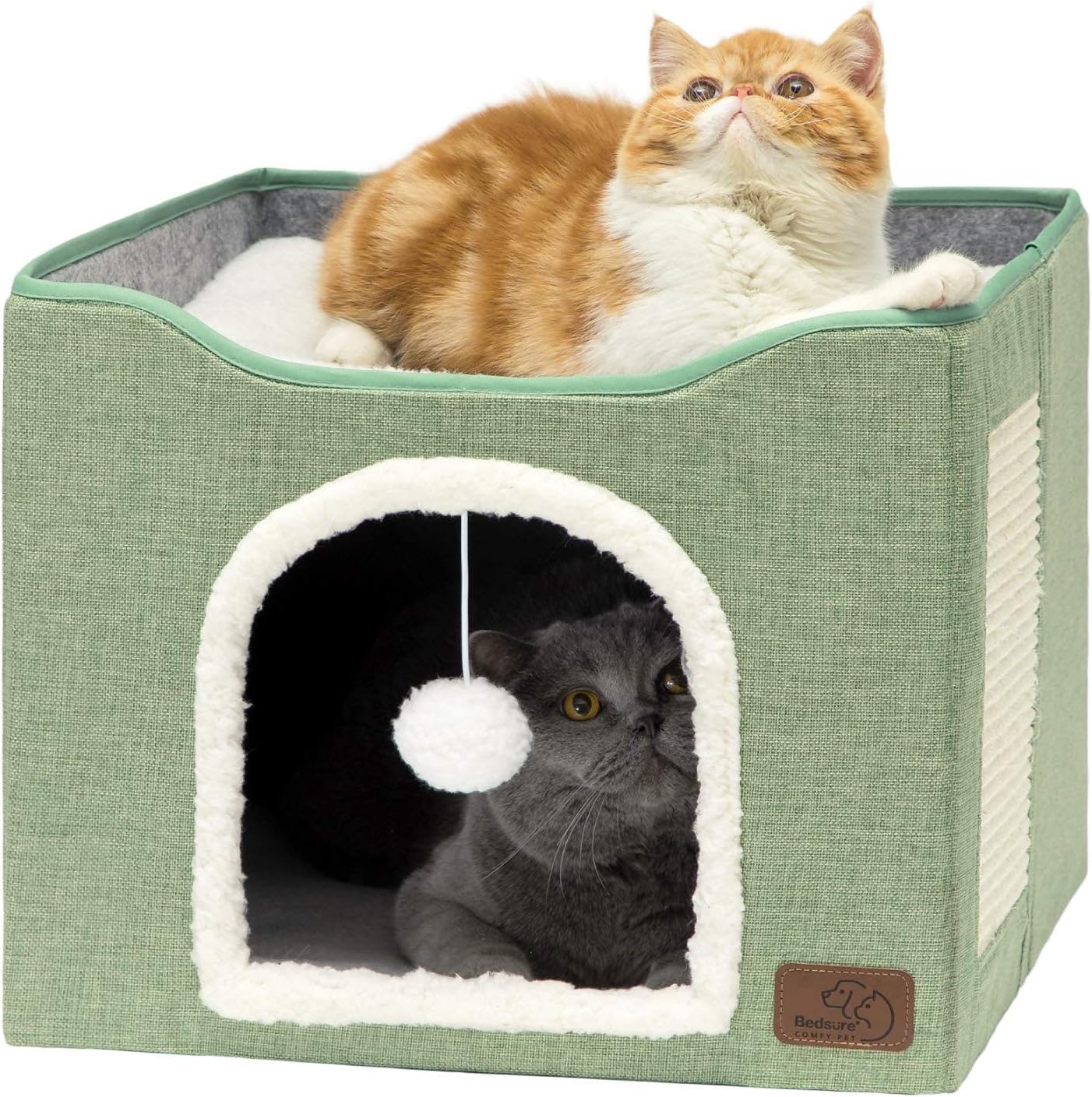 Bedsure Cat House Bed for Indoor Cats with Fluffy Ball and Scratch Pad,Grey