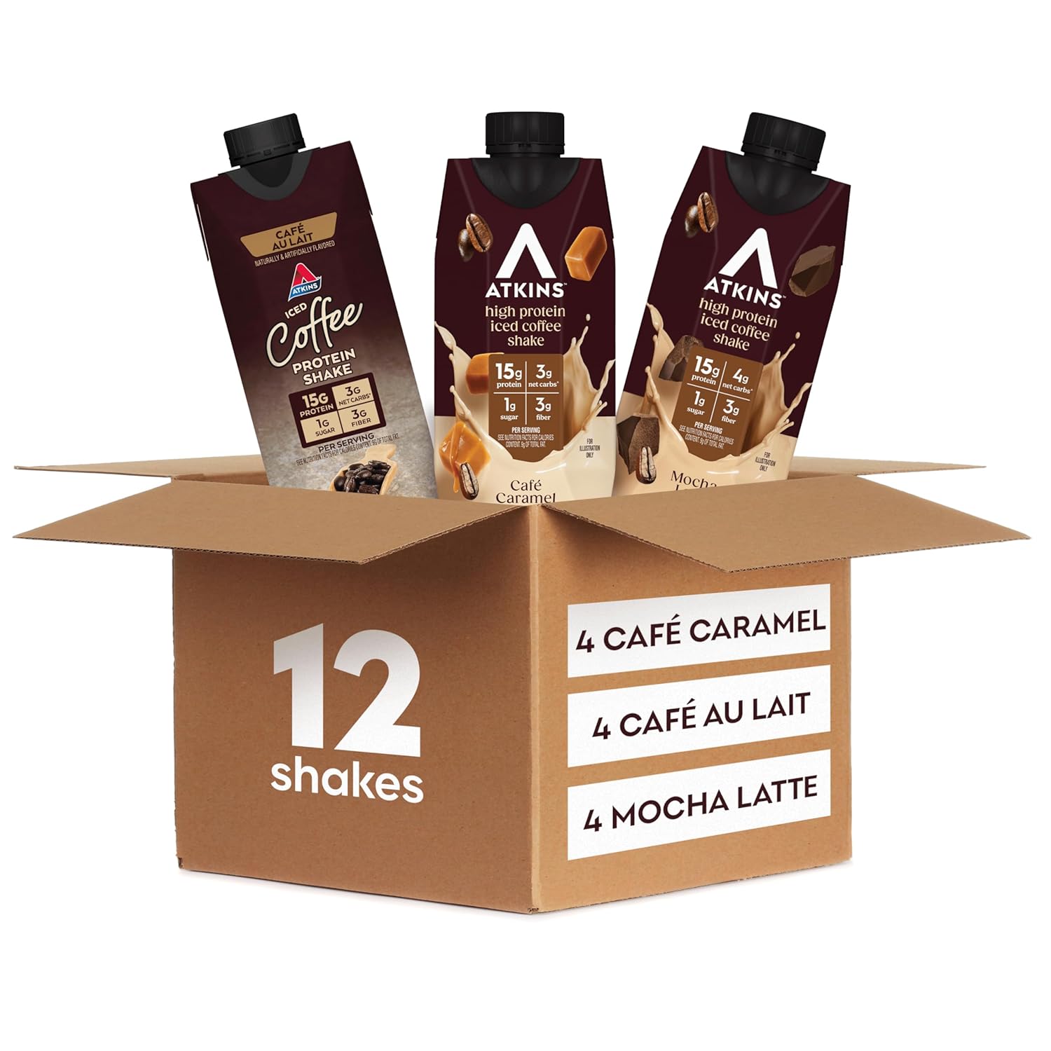 Atkins Café au Lait Iced Coffee Flavored High Protein Shake, Low Sugar and Low Carb, Keto Friendly, Ready to Drink Protein Drink, Gluten Free