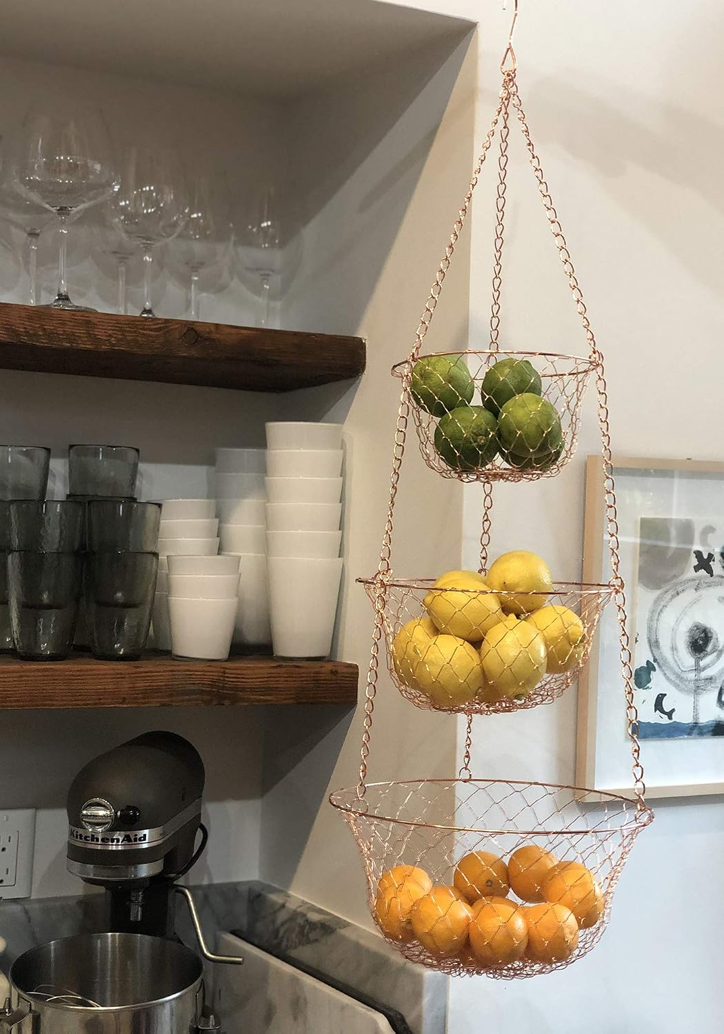 Fox Run 3-Tier Copper Kitchen Hanging Fruit Baskets For Kitchen, 32 Inches | Easily Store & Display Fruit & Vegetables | 3 Tiers Of Baskets For Organization | Beautiful Copper Hanging Kitchen Baskets