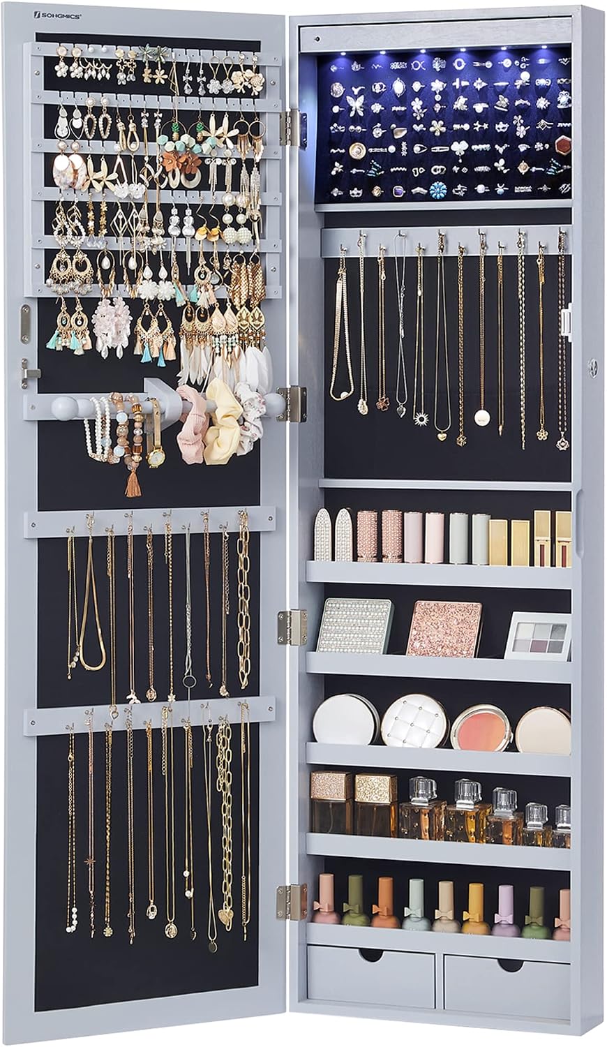 SONGMICS 6 LEDs Mirror Jewelry Cabinet, 47.2-Inch Tall Lockable Wall or Door Mounted Jewelry Armoire Organizer with Mirror, 2 Drawers, 3.9 x 14.6 x 47.2 Inches, White UJJC93W