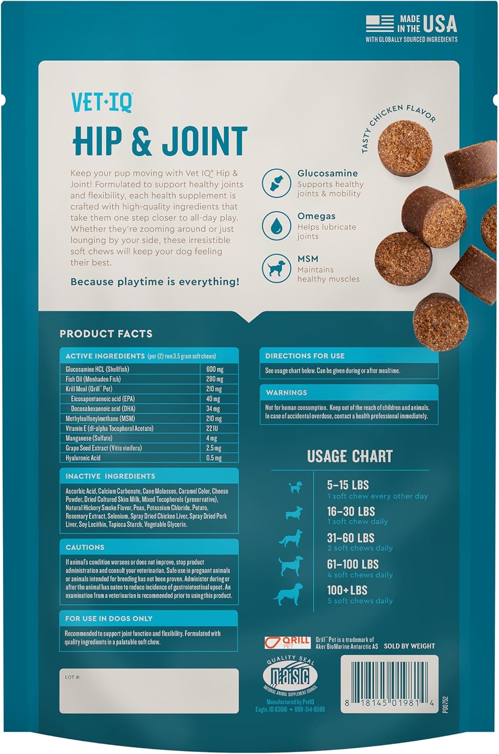 VetIQ Glucosamine Hip & Joint Supplement for Dogs, 180 Soft Chews, Joint Support Supplement with MSM and Krill, Dog Health Supplies Large & Small Breed, Chicken Flavored Chewables | Supports mobility for large & small breeds; glucosamine, MSM & krill oil…