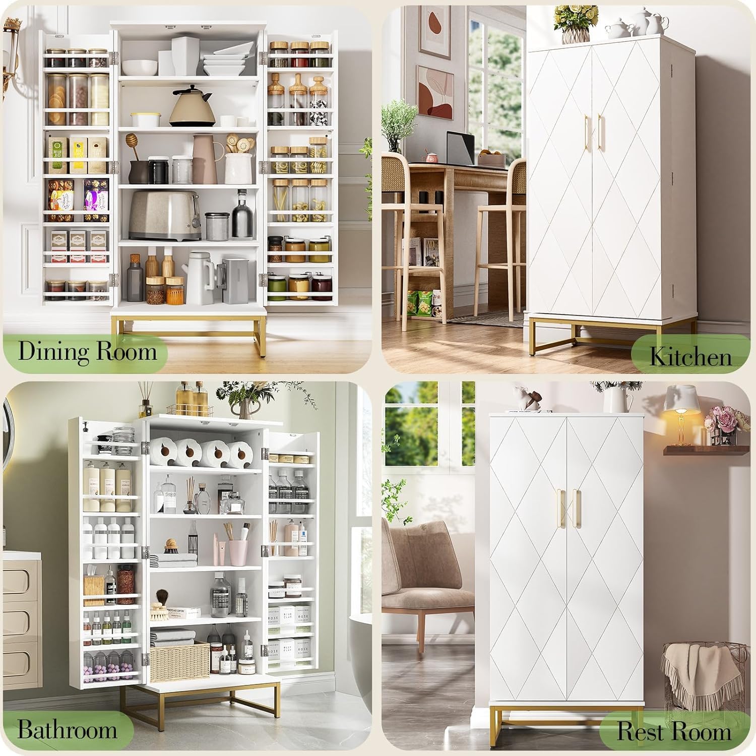 kepptory 47” Pantry Cabinet, Kitchen Pantry Storage Cabinet with Doors and Adjustable Shelves,Freestanding Buffet Cupboards Sideboard for Living Room and Dinning Room (White)