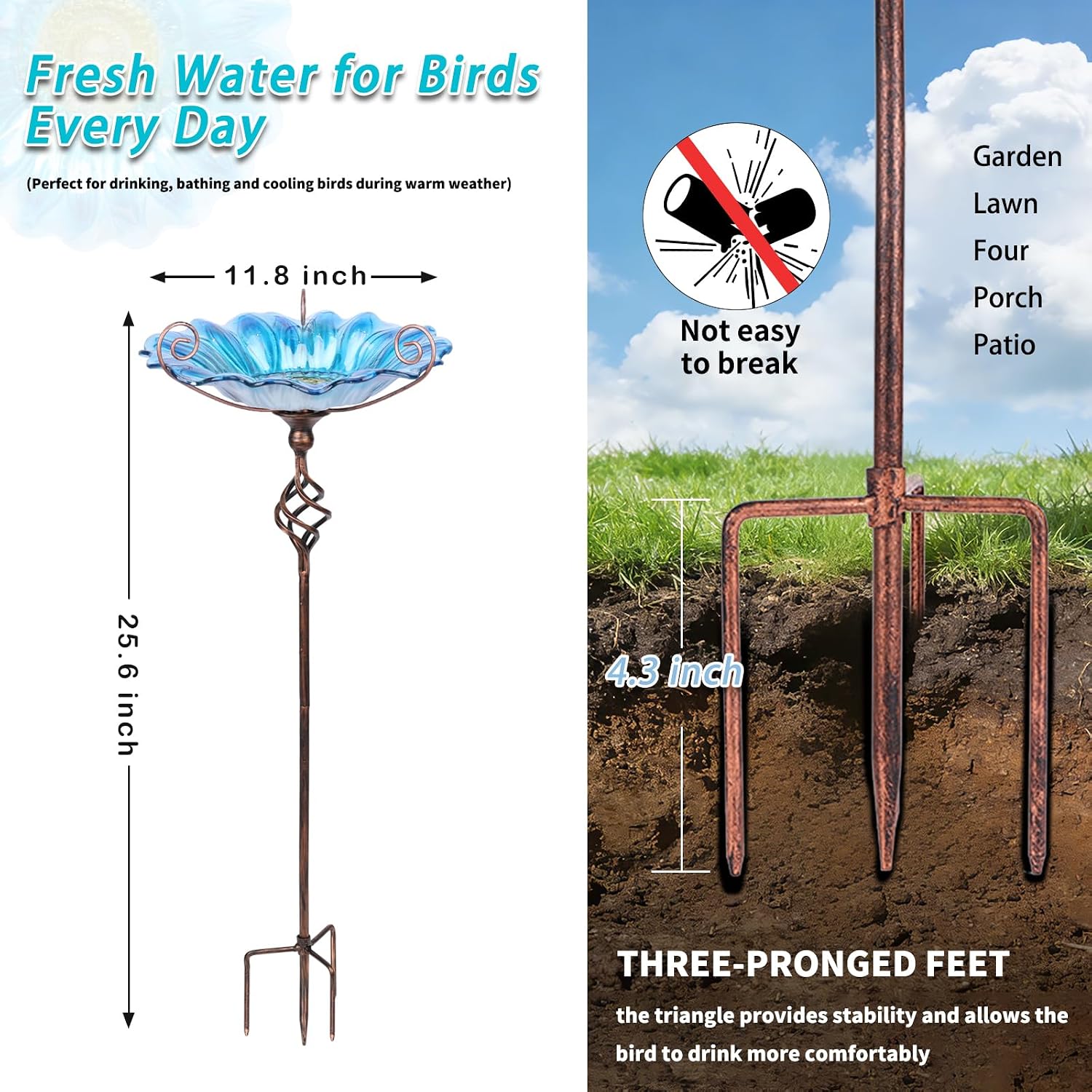 MUMTOP Bird Bath Outdoor, Glass Birdbath Bowl with Stake Garde Decor, Blue