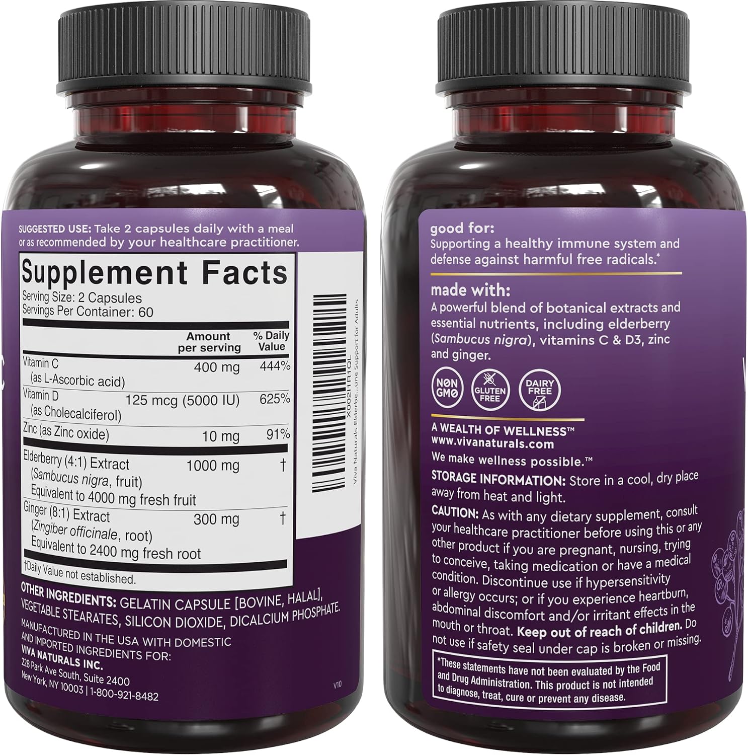 Viva Naturals Elderberry with Vitamin C and Zinc for Adults - 5 in 1 Sambucus Black Elderberry Capsules with Vitamin D3 5000 IU Immunity Supplement