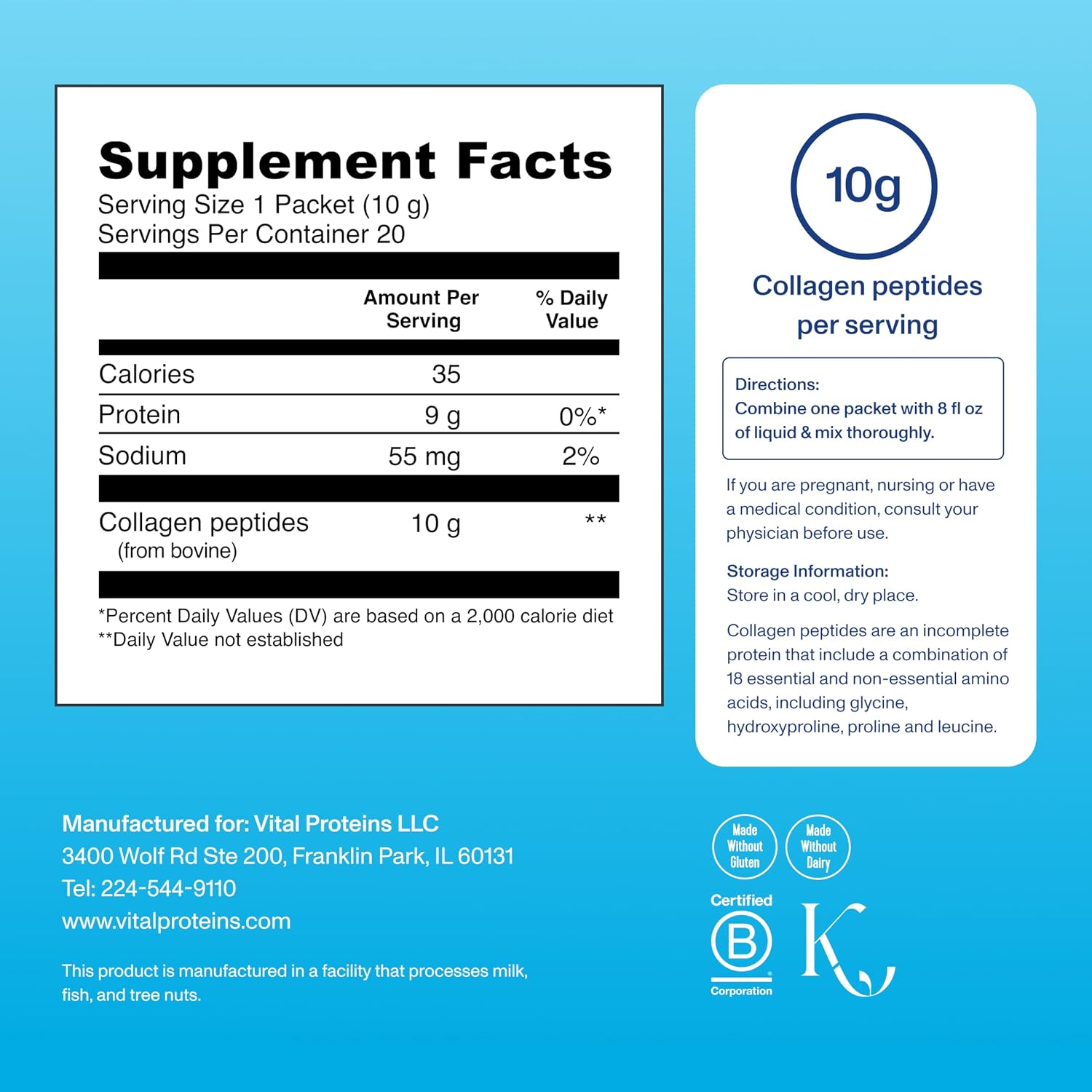 Vital Proteins Collagen Peptides Powder, Unflavored Stick Packs, 20 Count | 10g Hydrolyzed Collagen Peptide Per Packet, Supports Hair Skin & Nails, Travel-Friendly Stick Packs, 20 Servings
