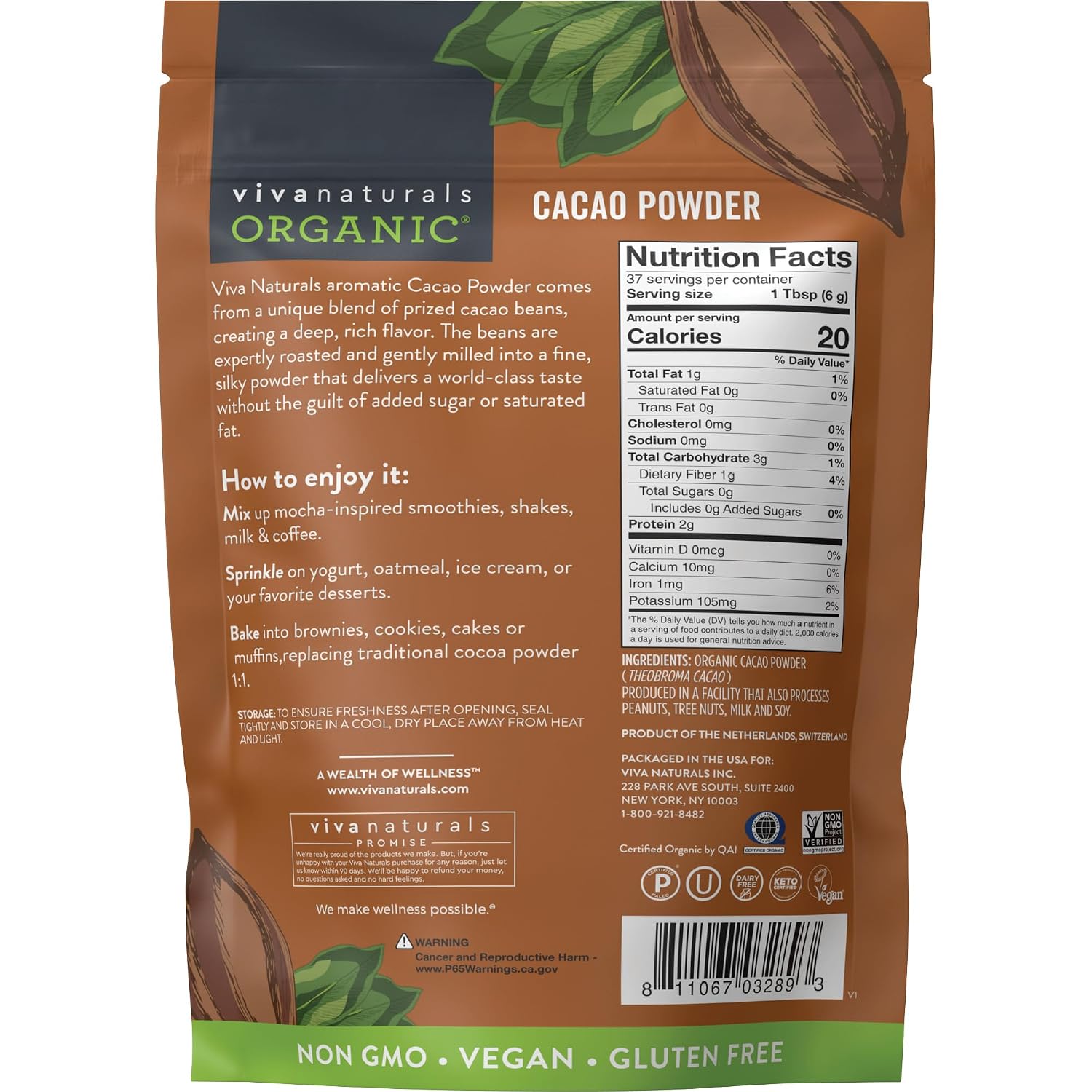 Organic Cacao Powder, Unsweetened, 1 lb (454 g) – Rich Dark Chocolate Flavor, Perfect for Baking, Smoothies & Hot Chocolate – Vegan, Keto, Paleo, Non-GMO & Gluten-Free Cocoa Powder