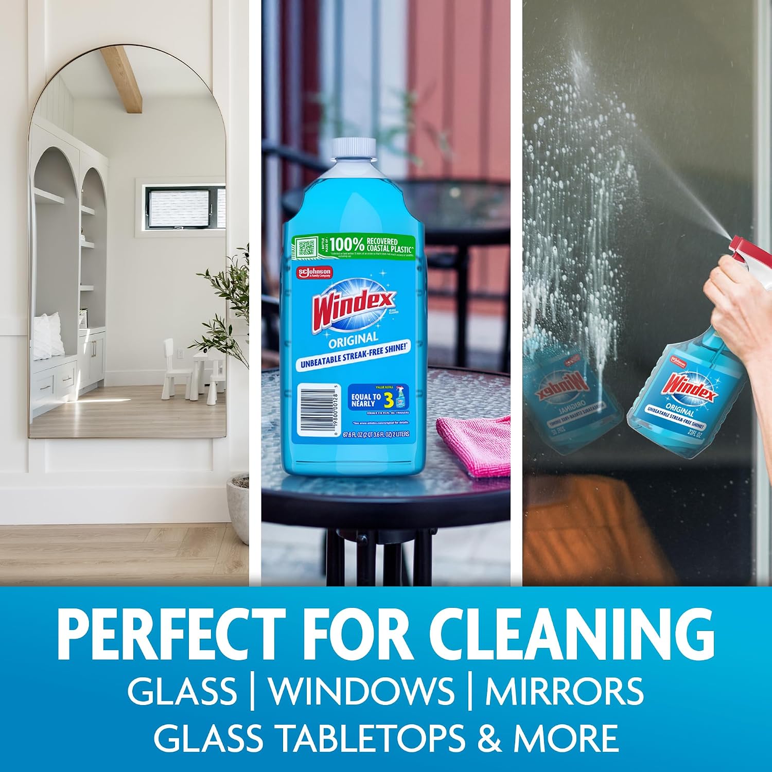 Windex refill glass and window cleaner, made from 100% recycled plastic, surface cleaning spray, original blue scent, 2L (67.6 fl oz)