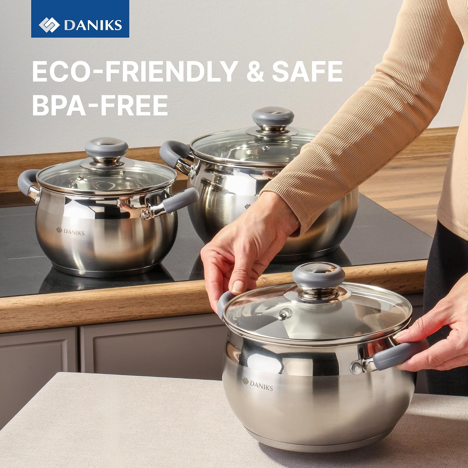 Daniks Modern 4 Quart Stainless Steel Stock Pot with Glass Lid, Tri-Ply Bottom for Even Heating, Induction Compatible, Dishwasher Safe