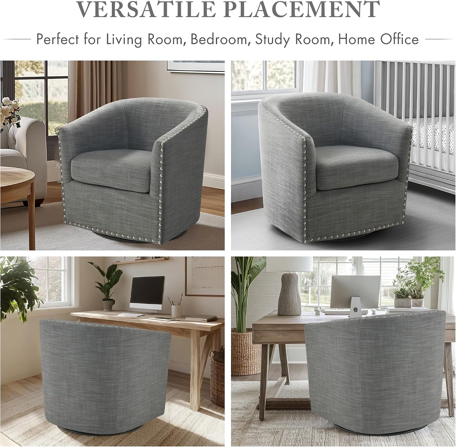Madison Park Swivel Barrel Accent Chair, Upholstered Curved Back with 7-Inch Thick Woven Cushion, 360° Swivel, Nailhead Trim, Comfy Chair for Living Room, Bedroom, Office, 28" Wide, Neutral, Tyler