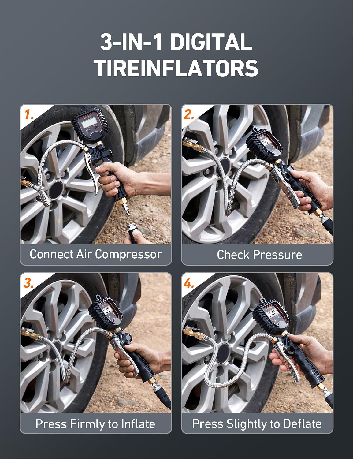 AstroAI Digital Tire Pressure Gauge, Heavy Duty Tire Inflator Gauge 250PSI Air Chuck Compressor Accessories with Stainless Braided Hose