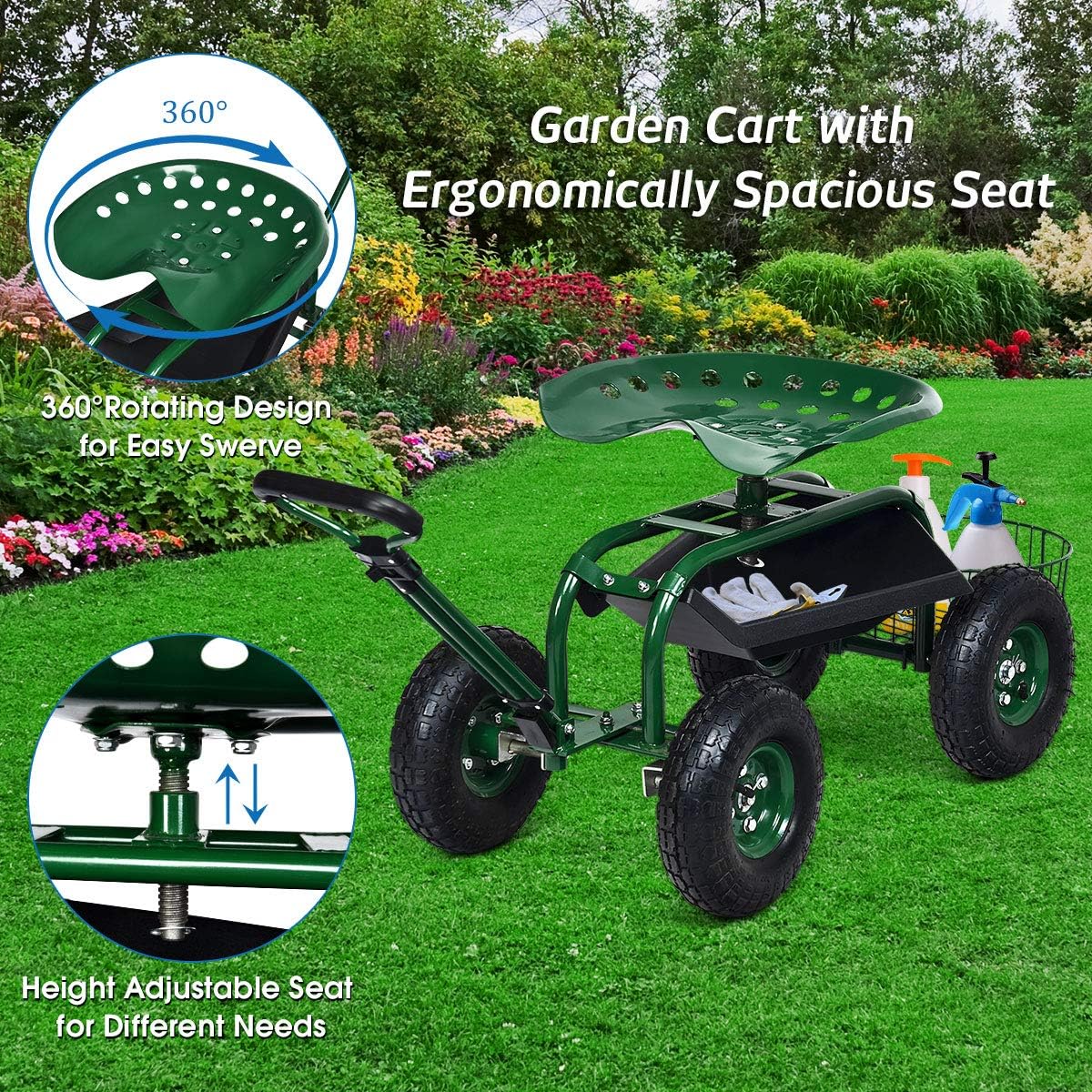 Goplus Rolling Garden Cart with Seat, Outdoor Garden Stool with Wheels, Tool Tray & Basket, Adjustable Steering Handle